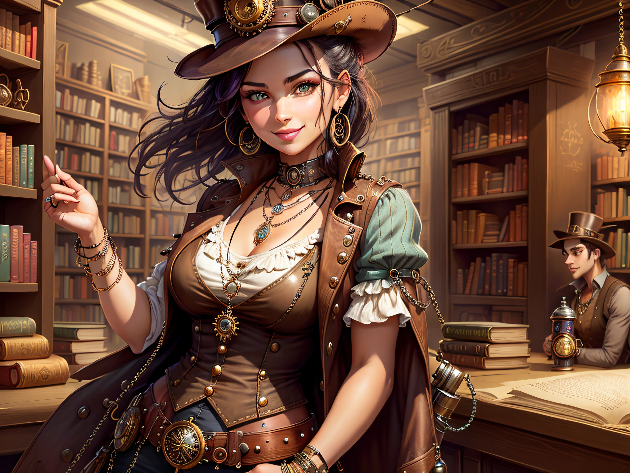 Steampunk, steampunk, smiling woman in a small bookstore, necklaces, earrings, bracelets, chains, shirts, vests, belts