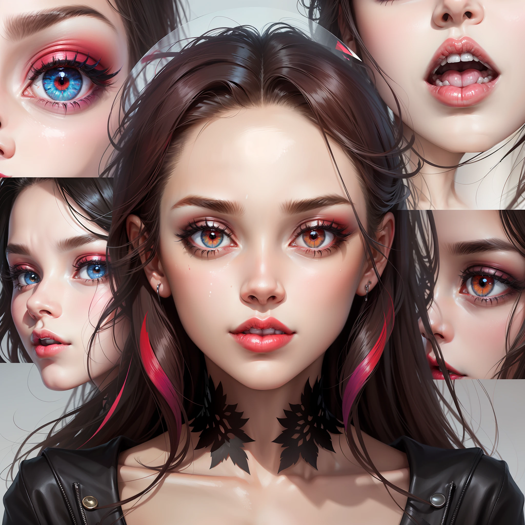 Face of woman assembled by photo collage, perfect face, work of art, face of beautiful woman, no imperfections, no crooked eye, feminine beauty. Photo collage art, colorful. Bright colors. Highlight for red lipstick in the mouth, beautiful mouth.