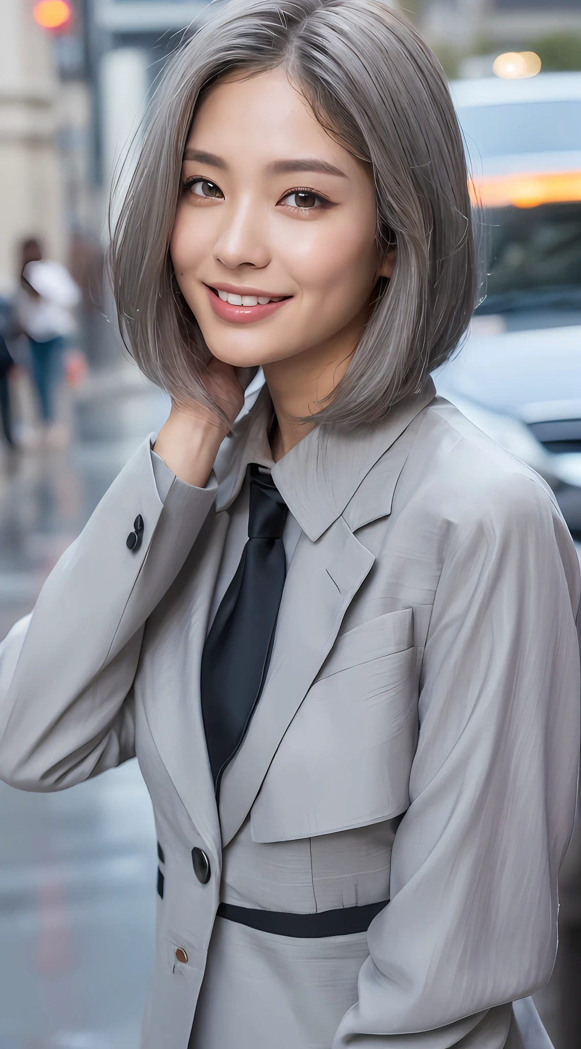 ((Best quality, 8k, Masterpiece: 1.3)), Sharp focus: 1.2, A woman (((50 years)) beautiful, smiling, elegant, ((gray hair)), perfect eyes, with perfect body: 1.4, Thin abdomen: 1.2, ((Layered haircut)), (Thin and damp button up to shirt length: 1.1), (Elegant black suit), (Rain, Street: 1.2), Wet body: 1.1, Highly detailed facial and skin texture, Detailed eyes, Double eyelid, tanned skin, elegant, tanned