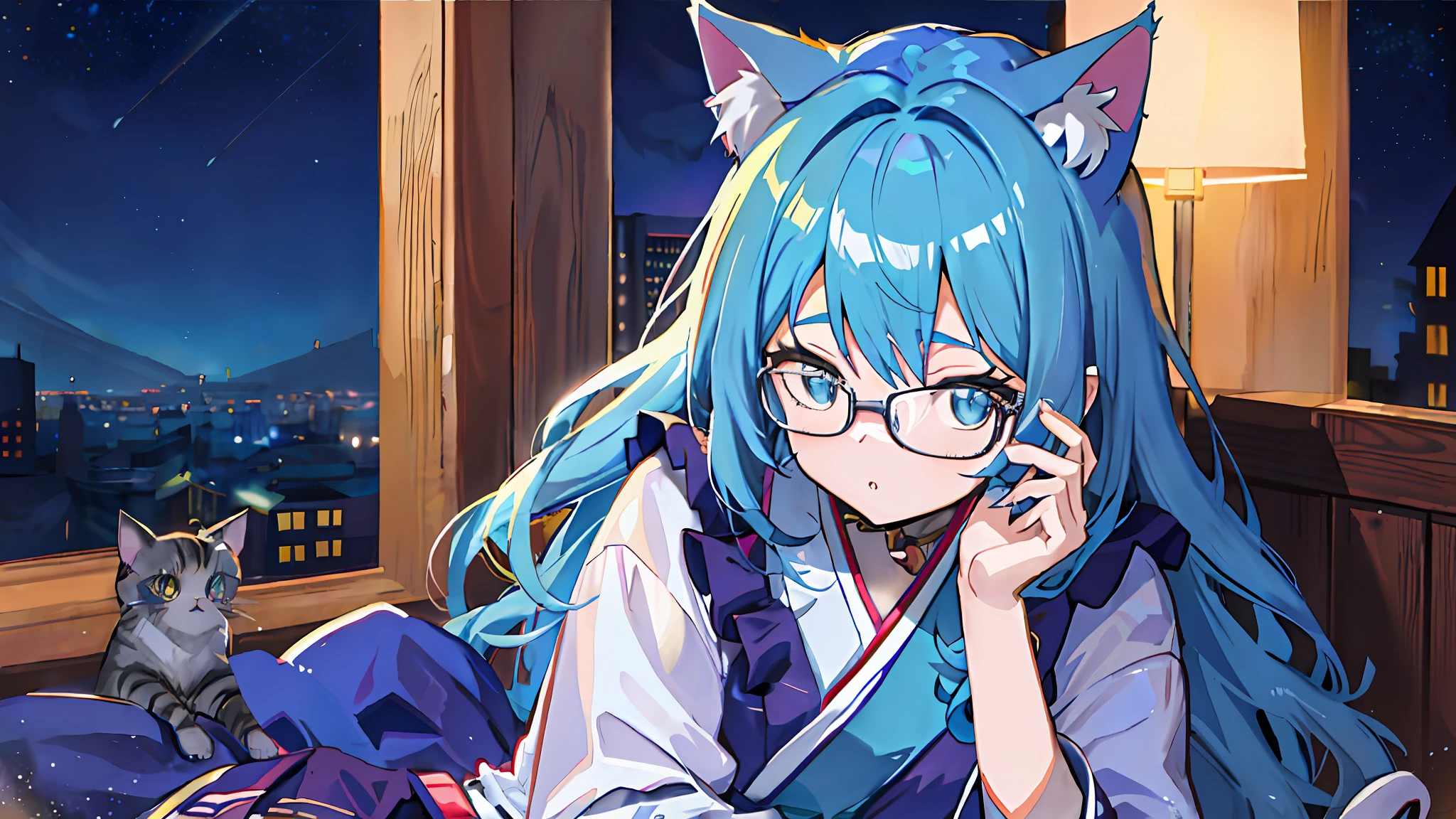 anime girl with blue hair and glasses sitting on a bed, anime moe artstyle, anime girl with cat ears, anime style 4 k, digital anime illustration, beautiful anime catgirl, anime catgirl, nightcore, cute anime catgirl, nekomimi, detailed digital anime art, anime cat, anime style illustration, very beautiful anime cat girl, 2 d anime style