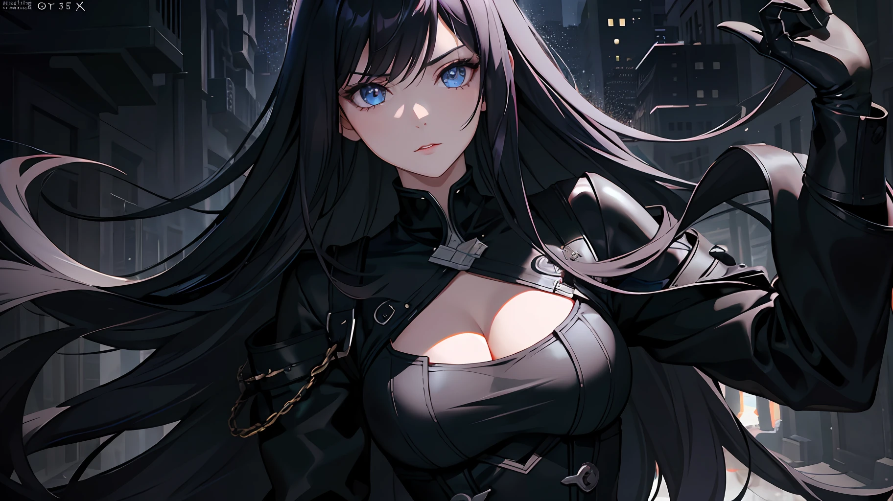 pixiv, 1girl, bangs, dark purple hair half blue, deep and detailed blue eyes, melancholic expression, black leather clothing, serious expression, eyelashes, modern, long hair, slightly wavy hair, neckline, collarbone, black open jacket, lock, medium breasts, shiny skin, badass, seductive, lock, red lips, looking at viewer, closed mouth, cinematic lighting, pale skin, dark background, wavy hair, {beautiful detailed eyes:1.5}, detailed black clothing, cinematic light, shaded face:1.5, dynamic angle:1.5, extremely detailed, volumetric lighting, delicate girl, cleavege, mature female, {masterpiece:1.5), {ultradetailed:1.5) film camera, chromatic aberration:1.5) (HDR:1.9), (CG:1.5), (specular lighting:1.1) Very dark and detailed background:1.21) expressionless, dark atmosphere, long wavy hair, loose hair, hair ornament, dynamic angle, dynamic pose, dramatic shadow, cinematic shadow, hard shadows:1.21), {traditional media:1.5), expressionless, mature female, mysterious look, sharp eyes, modern landscape, modern, focus on torso, focus on face, dynamic pose, pants