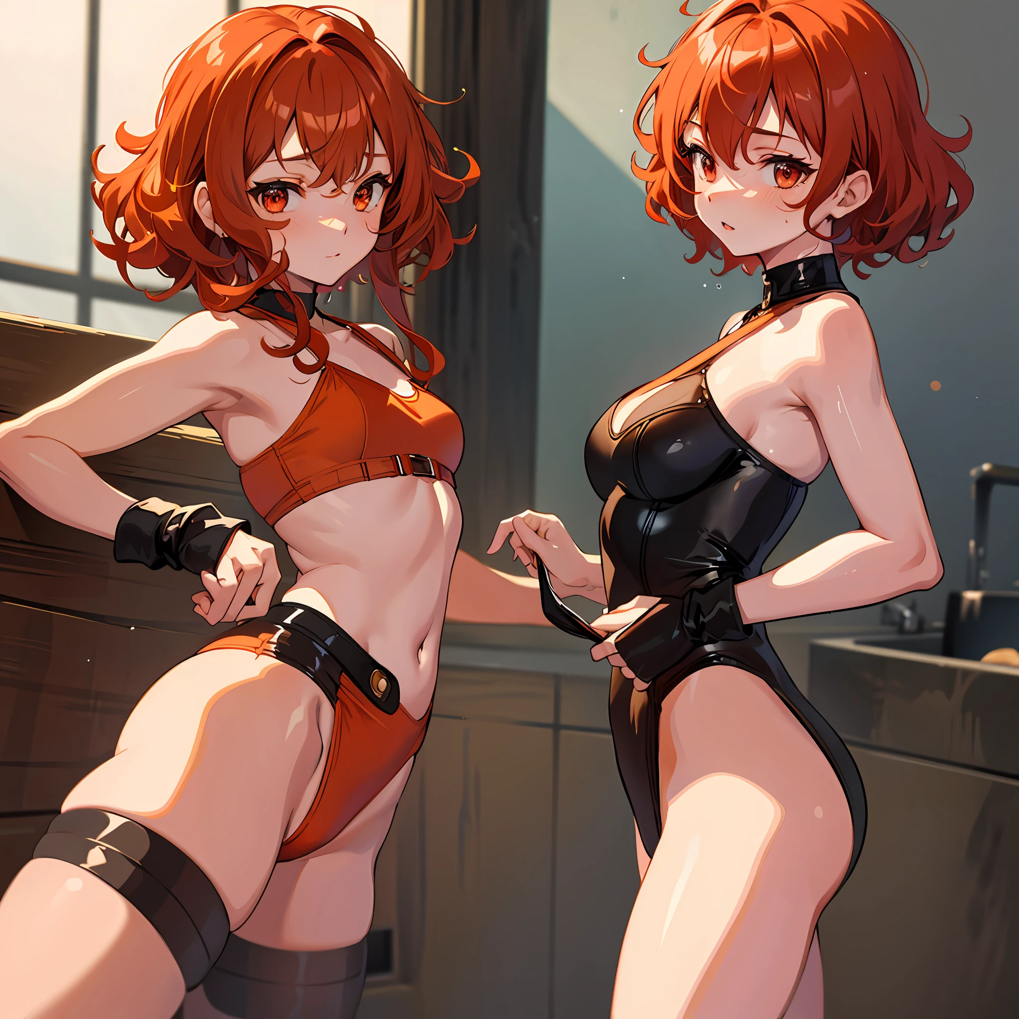 1girl, slim, juicy, light brown underwear, tight underwear, fiery hair, curly hair, cropped hair, orange eyes,, wet, maples