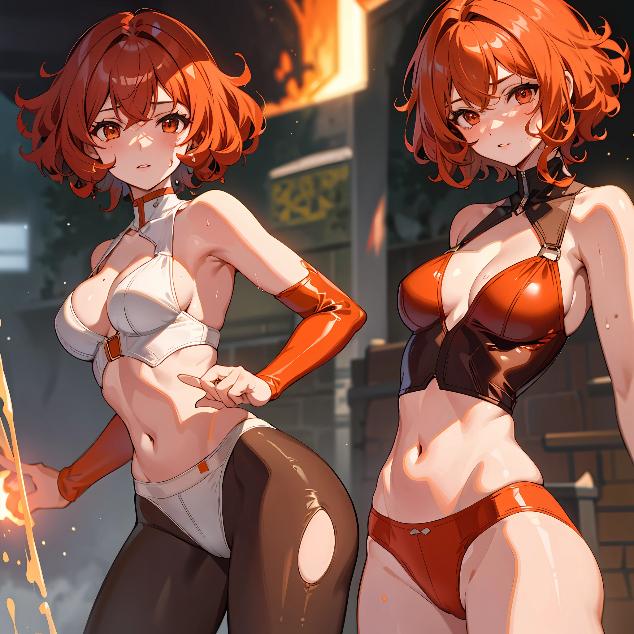 1girl, slim, juicy, light brown underwear, tight underwear, fiery hair, curly hair, cropped hair, orange eyes,, wet, maples