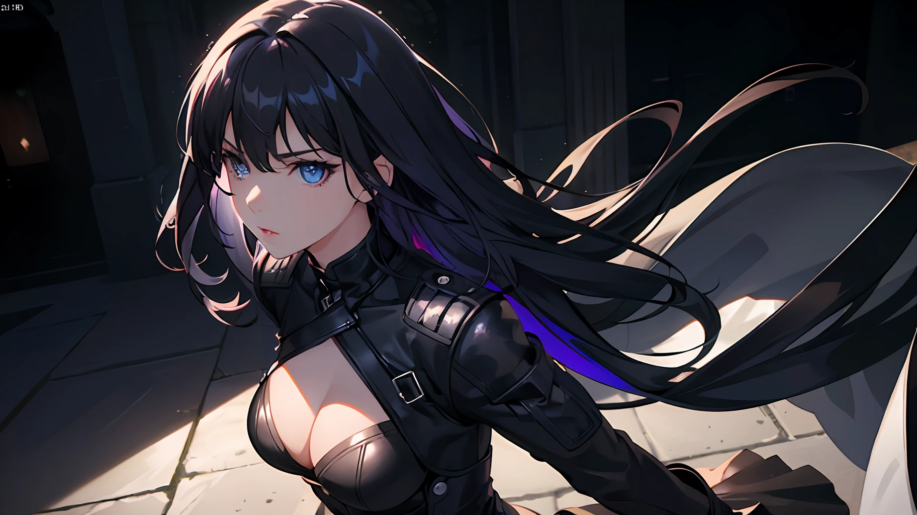 pixiv, 1girl, bangs, dark purple hair half blue, deep and detailed blue eyes, melancholic expression, black leather clothing, serious expression, eyelashes, modern, long hair, slightly wavy hair, neckline, collarbone, black open jacket, lock, medium breasts, shiny skin, badass, seductive, lock, red lips, looking at viewer, closed mouth, cinematic lighting, pale skin, dark background, wavy hair, {beautiful detailed eyes:1.5}, detailed black clothing, cinematic light, shaded face:1.5, dynamic angle:1.5, extremely detailed, volumetric lighting, delicate girl, cleavege, mature female, {masterpiece:1.5), {ultradetailed:1.5) film camera, chromatic aberration:1.5) (HDR:1.9), (CG:1.5), (specular lighting:1.1) Very dark and detailed background:1.21) expressionless, dark atmosphere, long wavy hair, loose hair, hair ornament, dynamic angle, dynamic pose, dramatic shadow, cinematic shadow, hard shadows:1.21), {traditional media:1.5), expressionless, mature female, mysterious look, sharp eyes, modern landscape, modern, focus on torso, focus on face, dynamic pose, pants