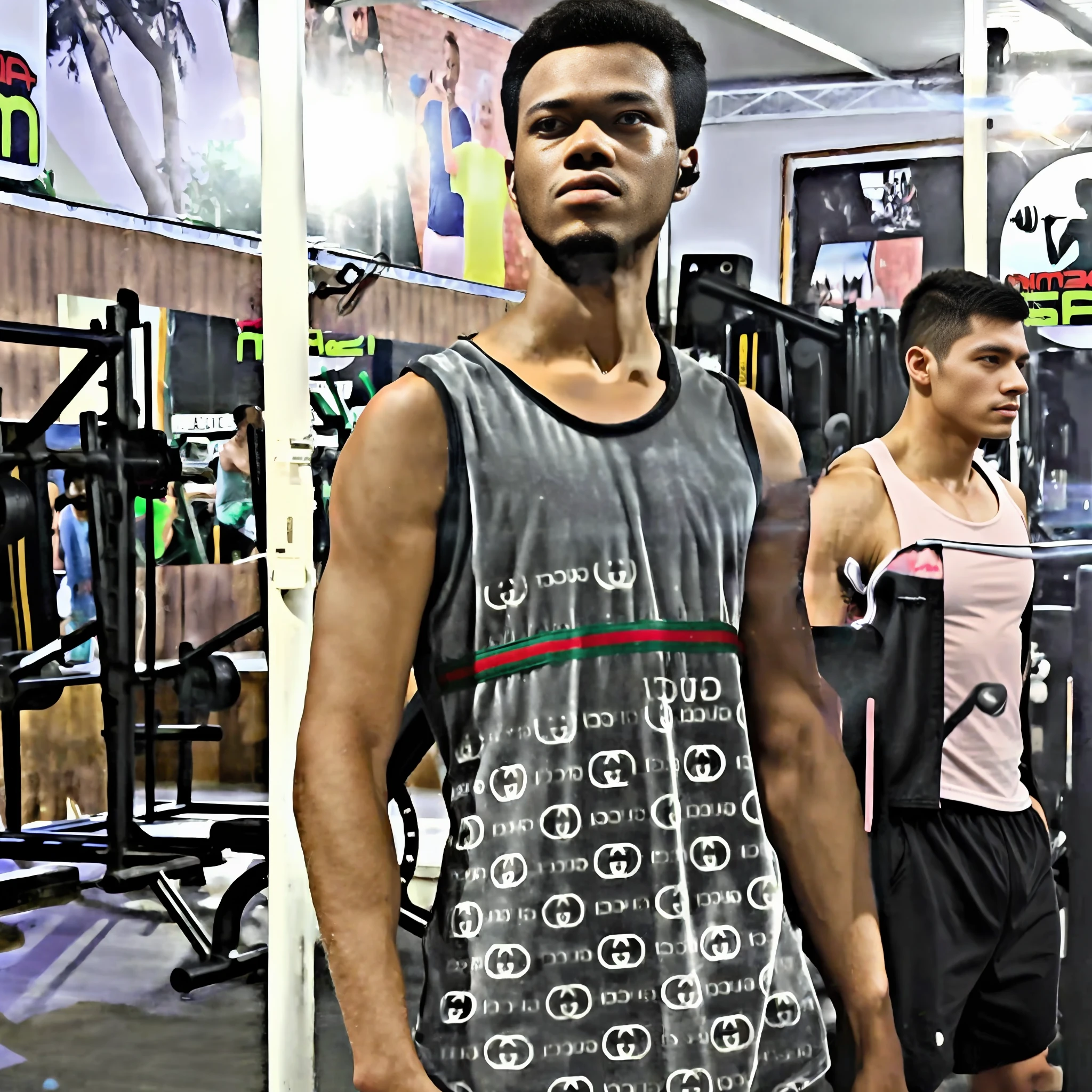 there is a man standing in a gym with a rack of weights, by Samuel Silva, wearing tanktop, wearing : tanktop, by Willian Murai, tank-top, in a gym, wearing a tanktop, by Nándor Katona, fit pic, model is wearing techtical vest, by Milton Menasco, by Maximilian Cercha