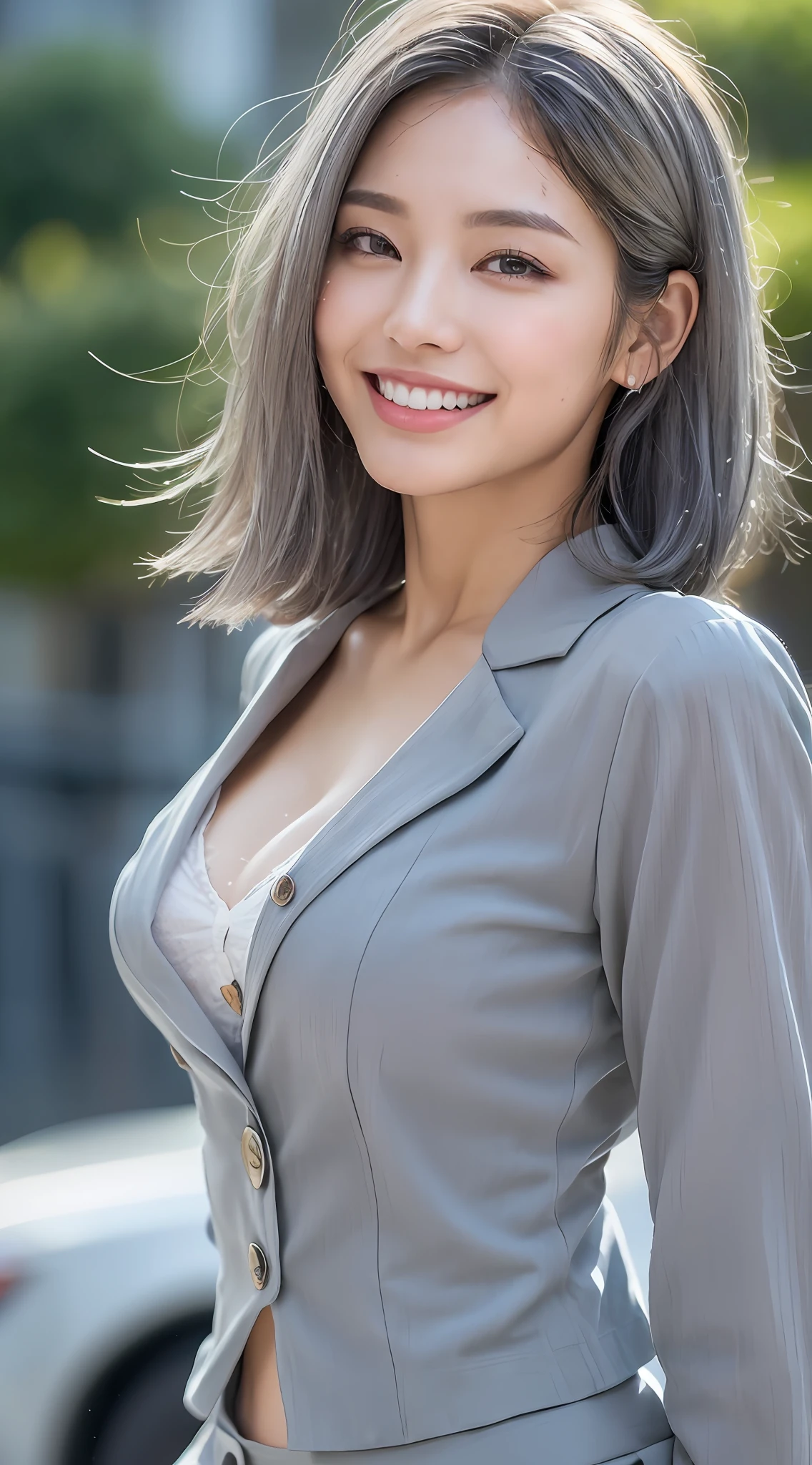 ((Best quality, 8k, Masterpiece: 1.3)), Sharp focus: 1.2, A woman (((50 years)) beautiful, smiling, elegant, ((gray hair)), perfect eyes, with perfect body: 1.4, Thin abdomen: 1.2, ((Layered haircut)), (Thin and damp button up to shirt length: 1.1), (Elegant black suit), (Rain, Street: 1.2), Wet body: 1.1, Highly detailed facial and skin texture, Detailed eyes, Double eyelid, tanned skin, elegant, tanned