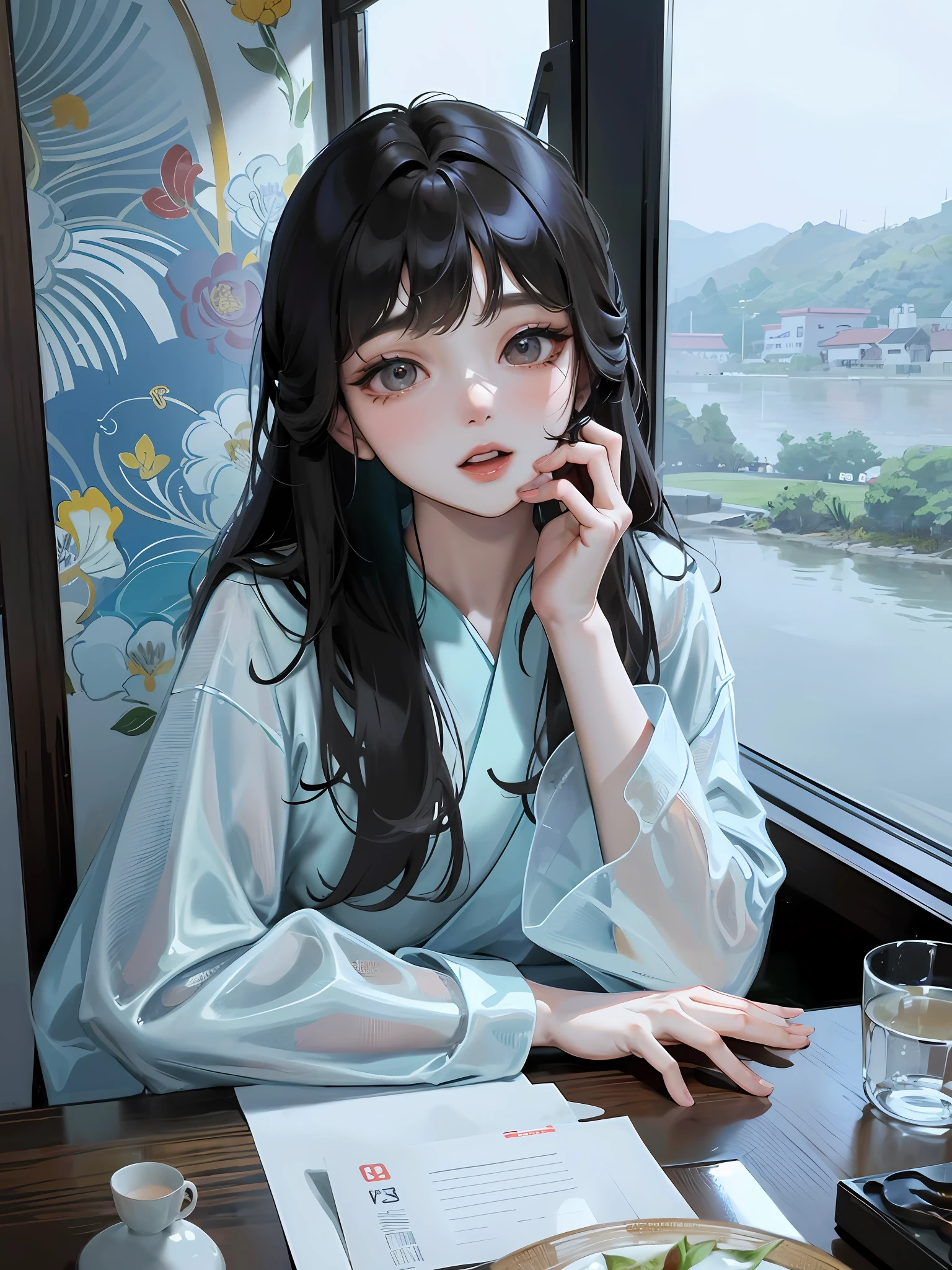 there is a woman sitting at a table with a plate of food, xintong chen, lee ji-eun, lee ji - eun, with bangs, heonhwa choe, gongbi, yun ling, lu ji, portrait of female korean idol, full body xianxia, wenfei ye, she has black hair with bangs