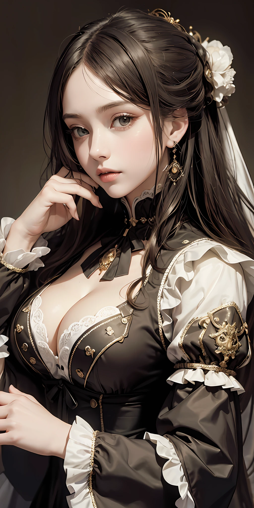 1 girl, (pure color: 0.9), (color: 1.1), (masterpiece: 1,2), top quality, masterpiece, high resolution, original, highly detailed wallpaper, beauty, Victorian, dress, melancholy, big breasts, sepia color, 40 years old --auto --s2