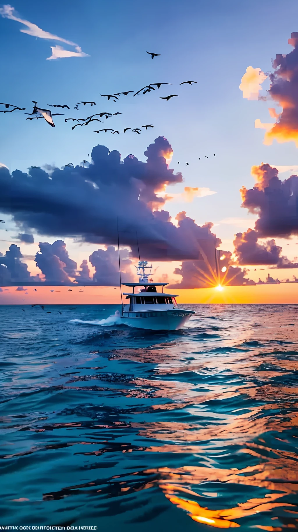 flock of birds flying over a boat in the ocean at sunset, still from nature documentary, still from a nature documentary, the photo was taken from a boat, ultrawide angle cinematic view, nature documentry footage, national geographic footage, fish in the background, photo taken from a boat, 2 0 2 1 cinematic 4 k framegrab, by Ejnar Nielsen