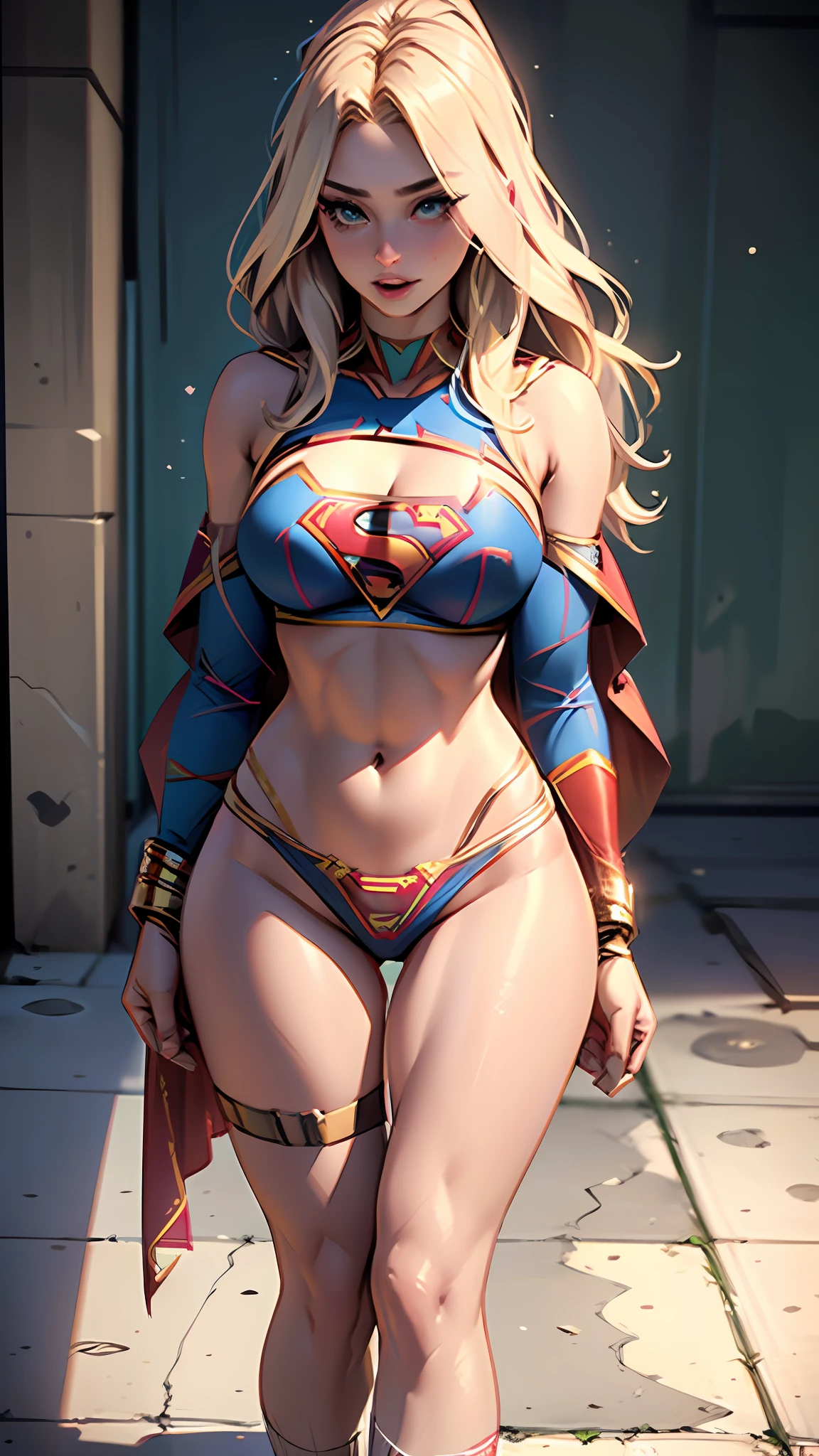 Beautiful American woman long blonde hair, 23 years old, hourglass body,huge breasts, defined body, wearing lace lingerie:1.6 (((bra, thong panties and 7/8 Supergirl cosplay sock))