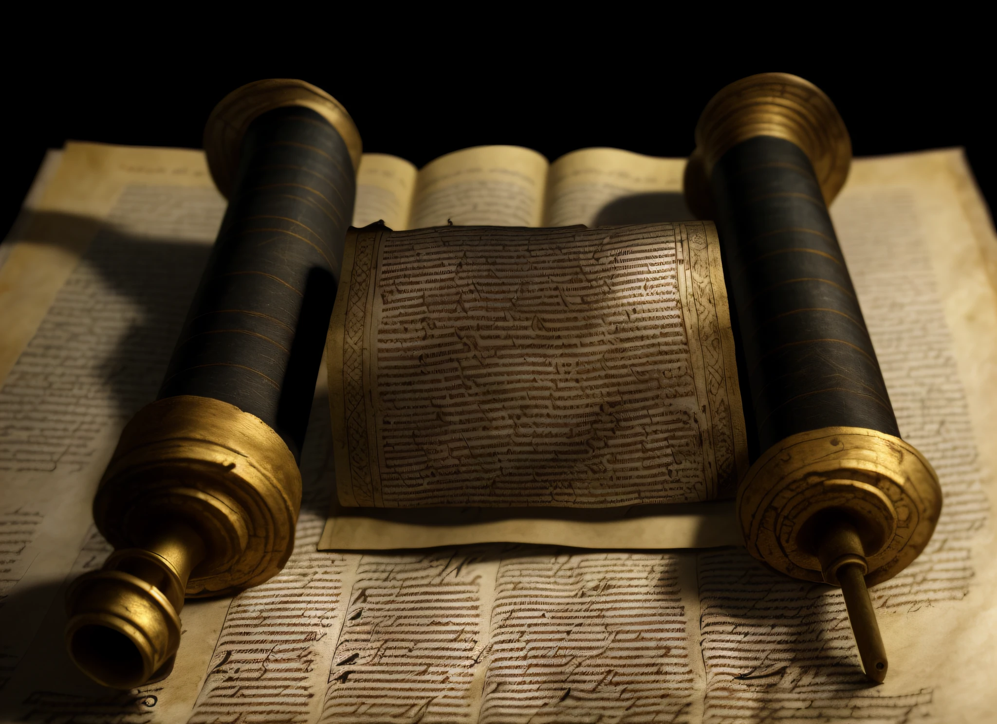 a closeup of a scroll with two wooden handles on a black background, ancient manuscripts and scrolls, scrolls, old parchment, biblical image, discarded scrolls, ancient biblical, old testament, biblical, biblical art, ancient manuscript, biblical art style, manuscript, biblical clothing, masterpiece on a parchment, on parchment, bible, medieval manuscript (masterpiece:1.2) (photorealistic:1.2) (best quality) (detailed skin: 1.3) (intricate details) (8k) (HDR) (cinematic lighting) (sharp focus)