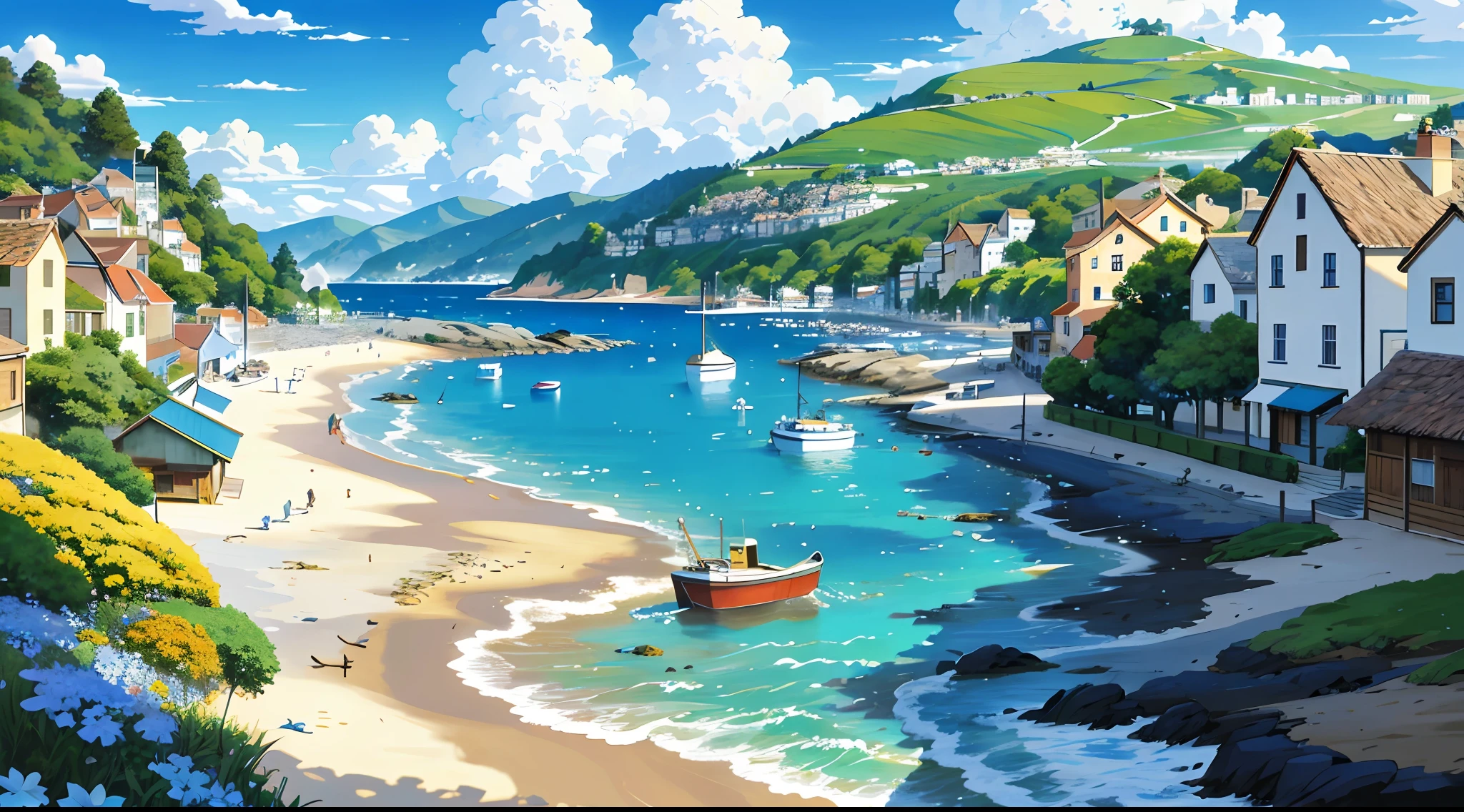 Coastal Town, Quaint, seaside atmosphere with a touch of nostalgia, High quality, charming cottages and cobblestone streets, Sandy beach with gentle waves lapping against the shore, Colorful fishing boats bobbing in the harbor, creating a picturesque scene, Clear blue skies and seagulls soaring overhead, adding to the tranquil ambiance, visual novel background, anime concept art, masterpiece, computer wallpaper, 8k, detailed