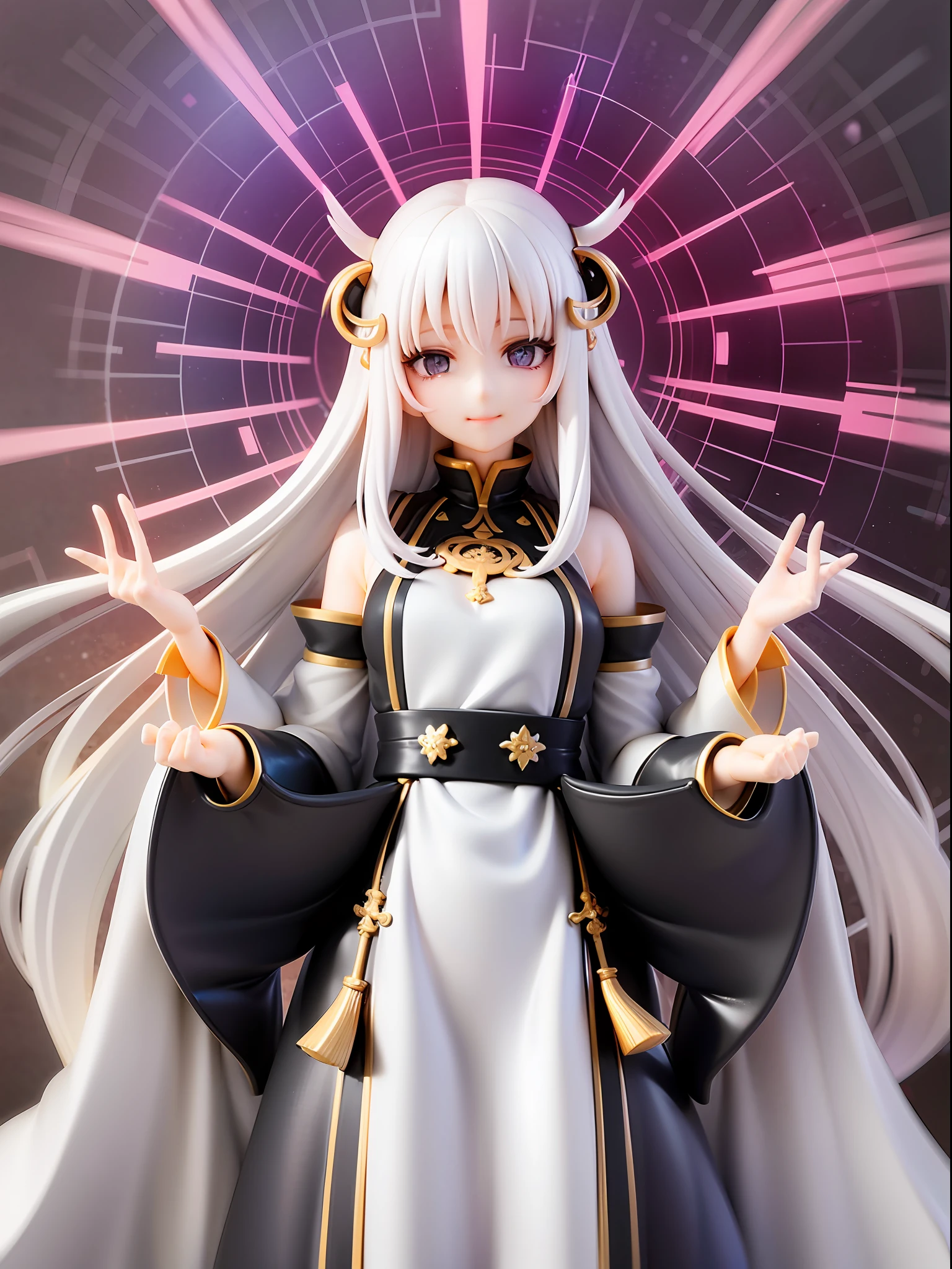 divine goddess, white medium hair, beautiful white eyes, mysterious smile, divine pure white and white robe, arms wide open drawing divine symbols, looking afar, average chest size, pure white background, upper body