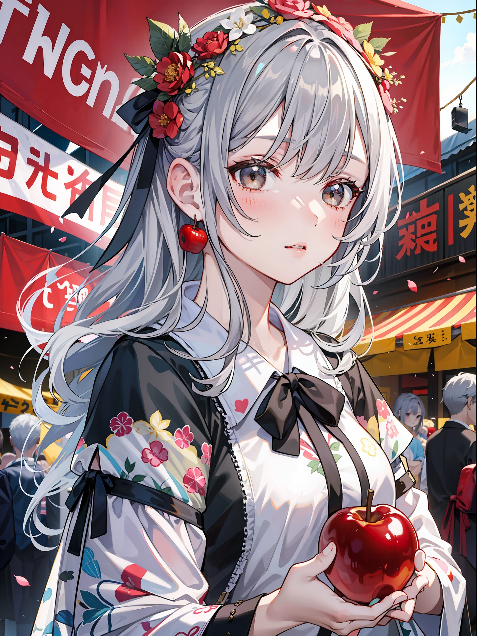 Girl with gray hair holds candy apples in hands at summer festival