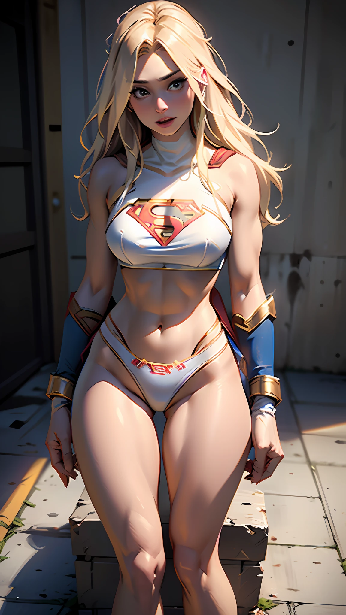 Beautiful American woman long blonde hair, 23 years old, hourglass body,huge breasts, defined body, wearing lace lingerie:1.6 (((bra, thong panties and 7/8 Supergirl cosplay sock))