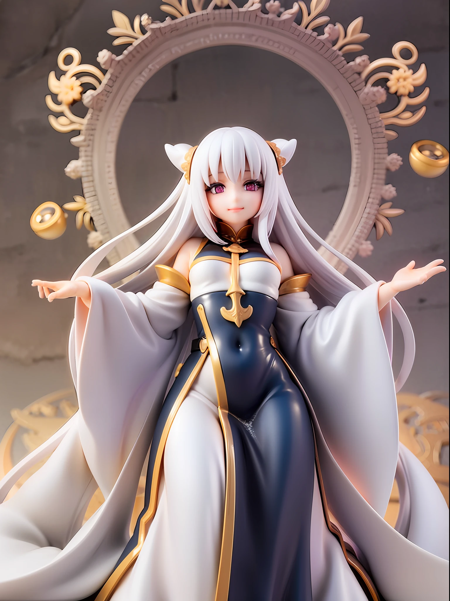 divine goddess, white medium hair, beautiful white eyes, mysterious smile, divine pure white and white robe, arms wide open drawing divine symbols, looking afar, average chest size, full body, pure white background