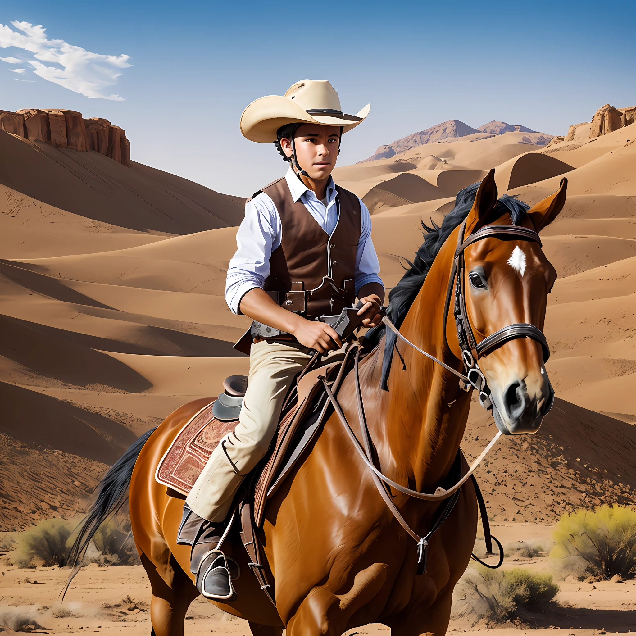 Image of a cawboy shooting with a shotgun on a horse in the desert --auto --s2
