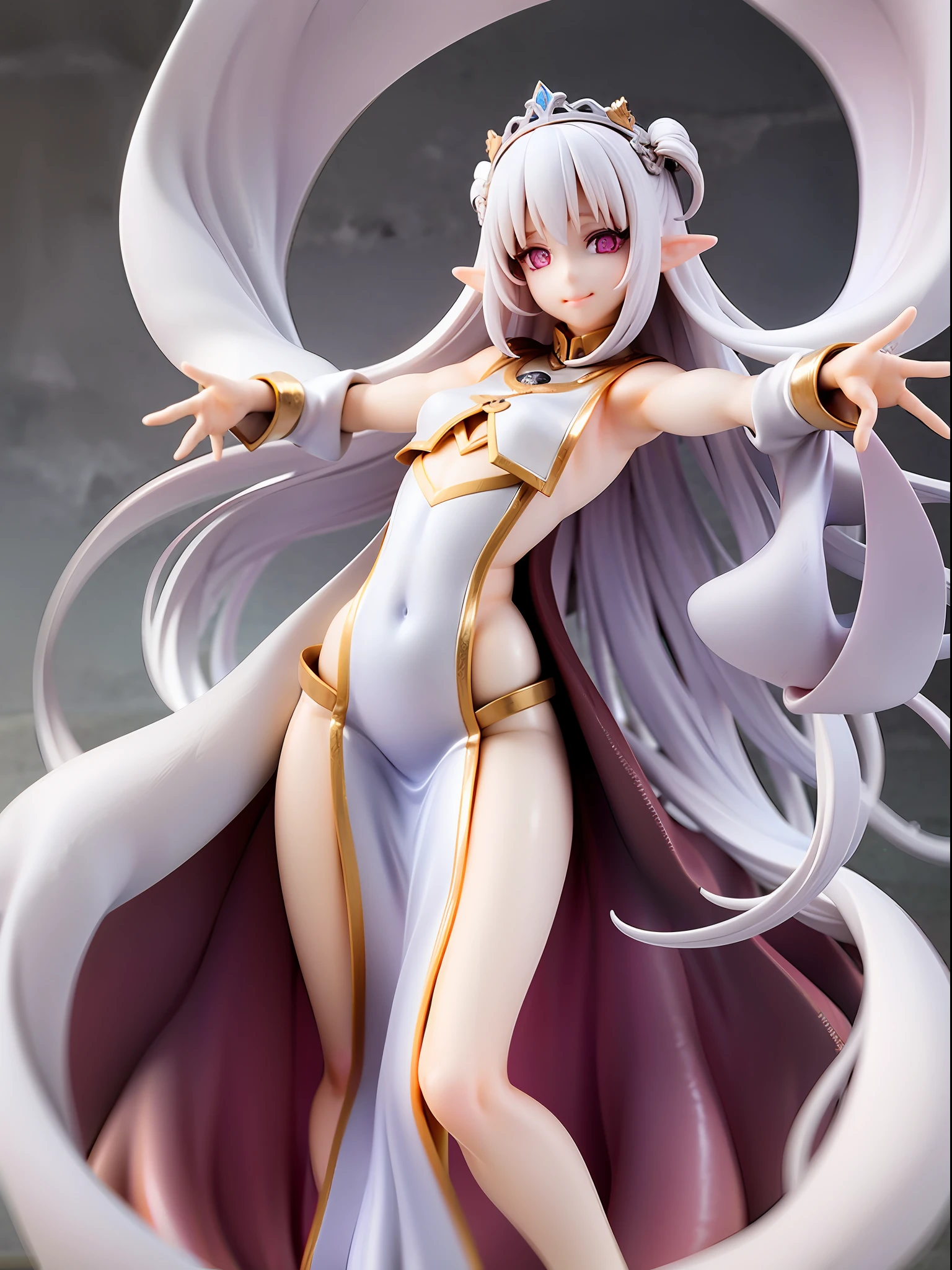 divine goddess, white medium hair, beautiful white eyes, mysterious smile, divine pure white and white robe, arms wide open drawing divine symbols, looking afar, average chest size, full body, pure white background