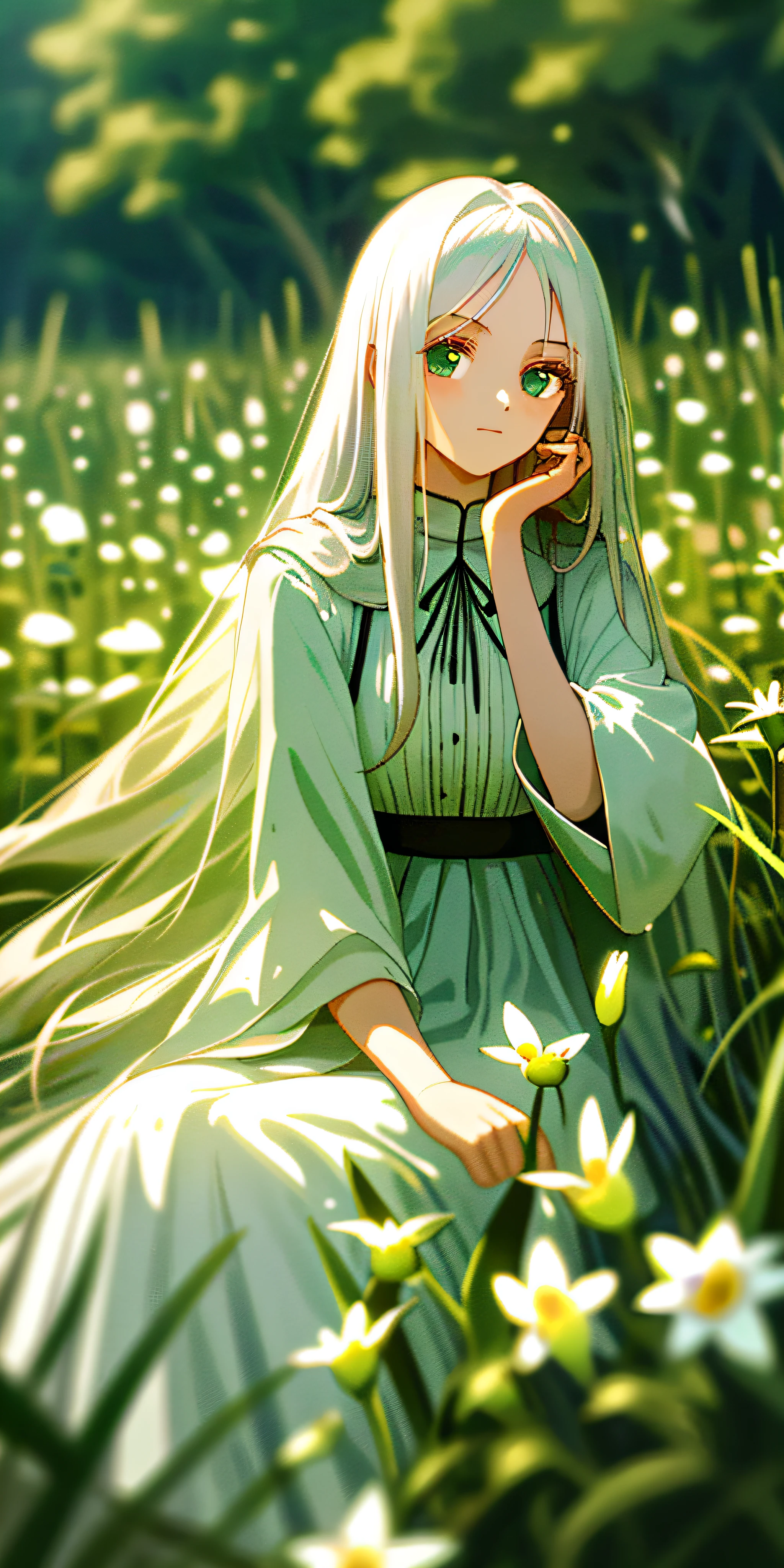 (masterpiece, best quality),1girl with long white hair sitting in a field of green plants and flowers, her hand under her chin, warm lighting, white dress, blurry foreground