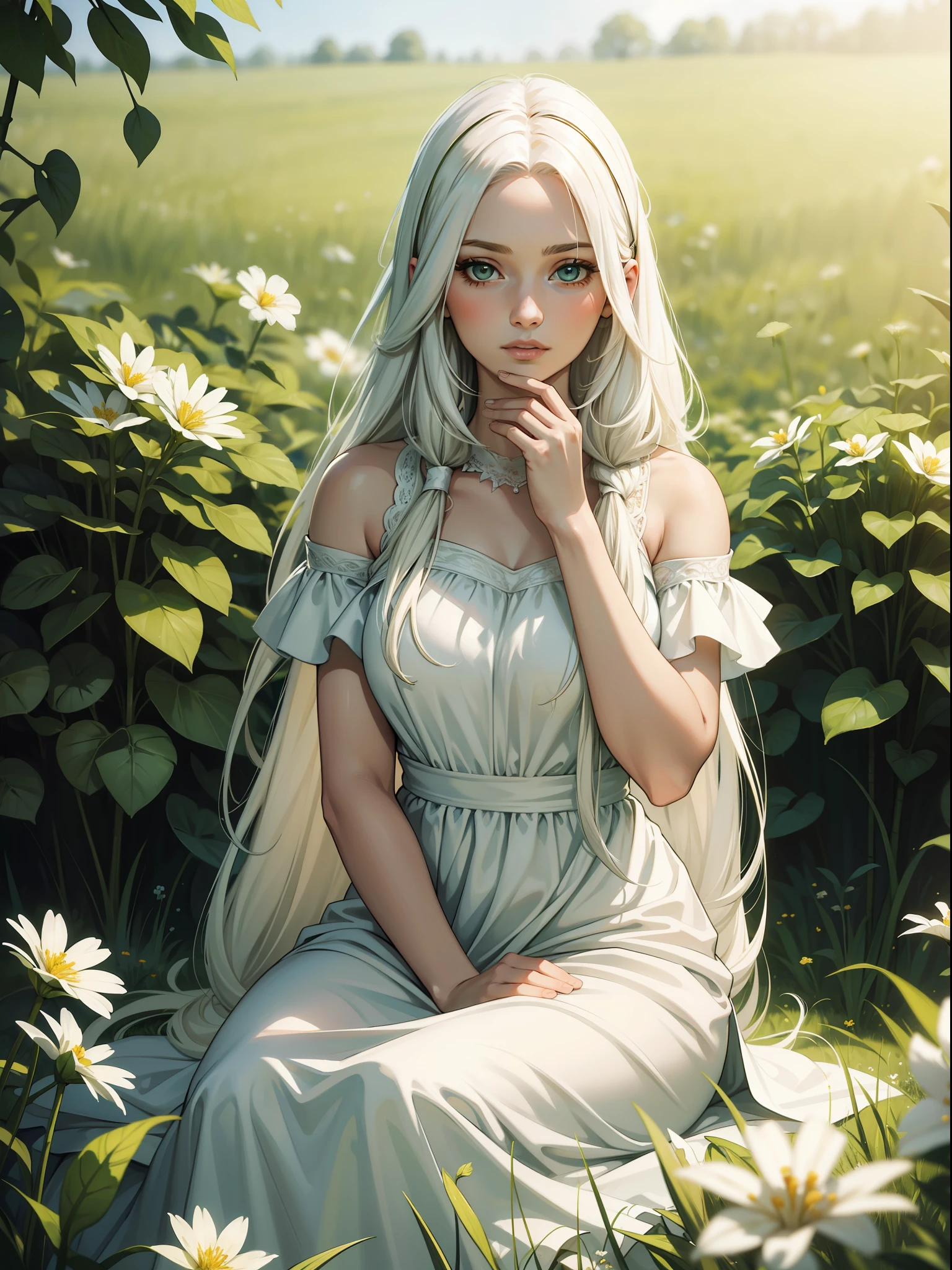 (masterpiece, best quality),1girl with long white hair sitting in a field of green plants and flowers, her hand under her chin, warm lighting, white dress, blurry foreground