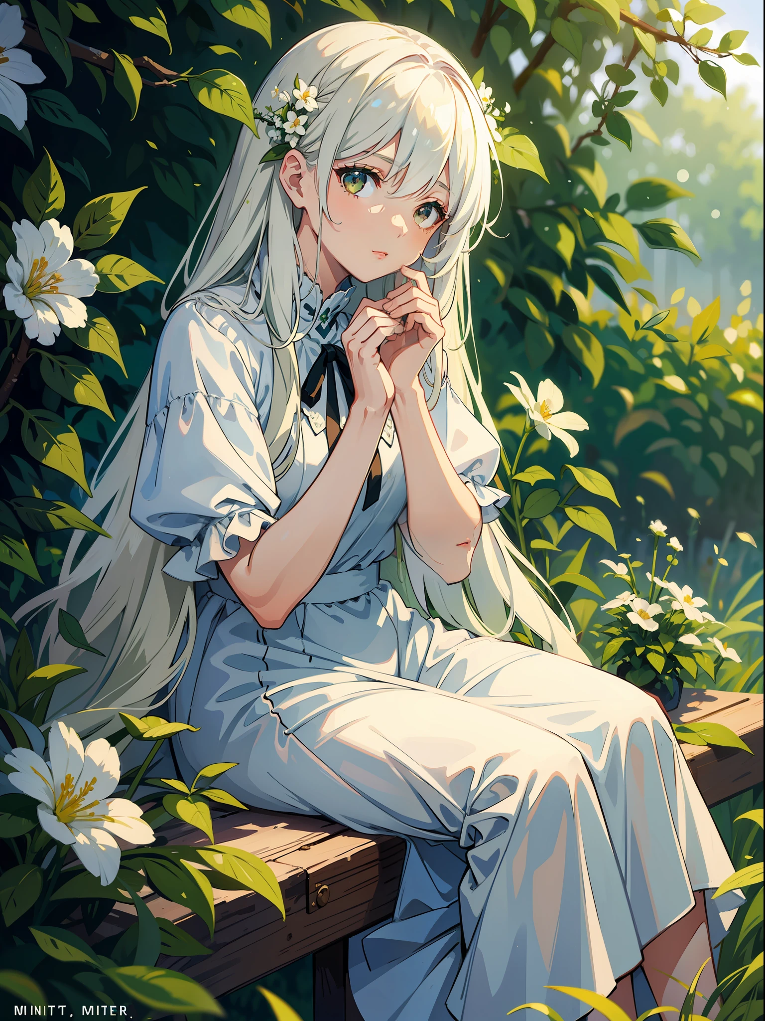 (masterpiece, best quality),1girl with long white hair sitting in a field of green plants and flowers, her hand under her chin, warm lighting, white dress, blurry foreground