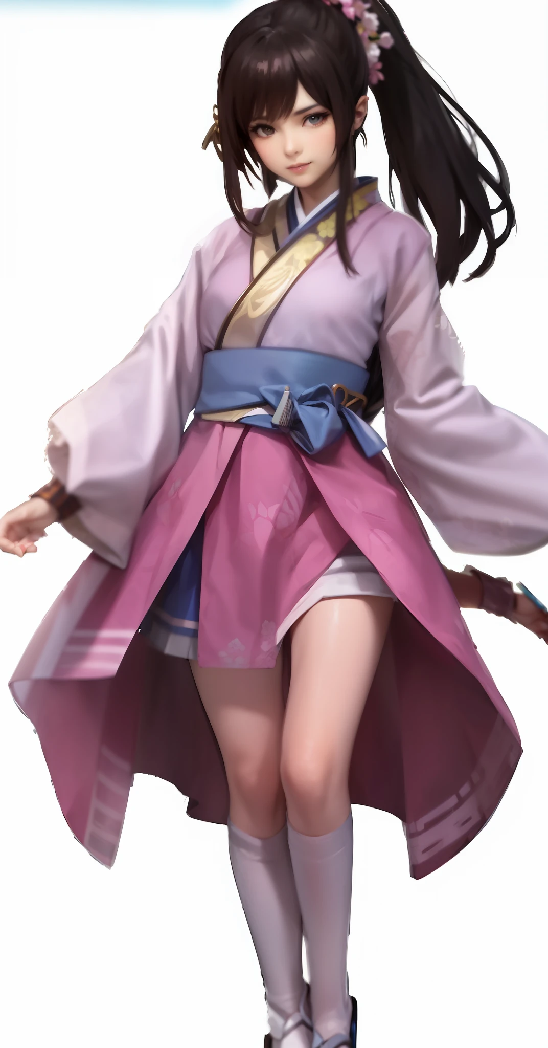 Oichi, brown hair, ponytail, hair ornament, brown eyes, medium breasts, woman in pink dress and white top, pink kimono, kimono, medium length kimono, long sleeves, tabi socks, below knee socks, red platform sandals, blue mini skirt, two white horizontal lines on the edge of the skirt, blue obi fastening, blue ribbon on both ankles, clear white skin, gentle smile, real, 8K, ( Photorealistic: 1.4), Beautiful eyes, top quality, super detail, 1girl, photon mapping, physically based rendering, realistic, solo, glowing skin, beautiful white skin, camera gaze, whole body, kimono with slit from waist to thigh, blue mini skirt visible from slit, blue sky meadow background, wisteria flower