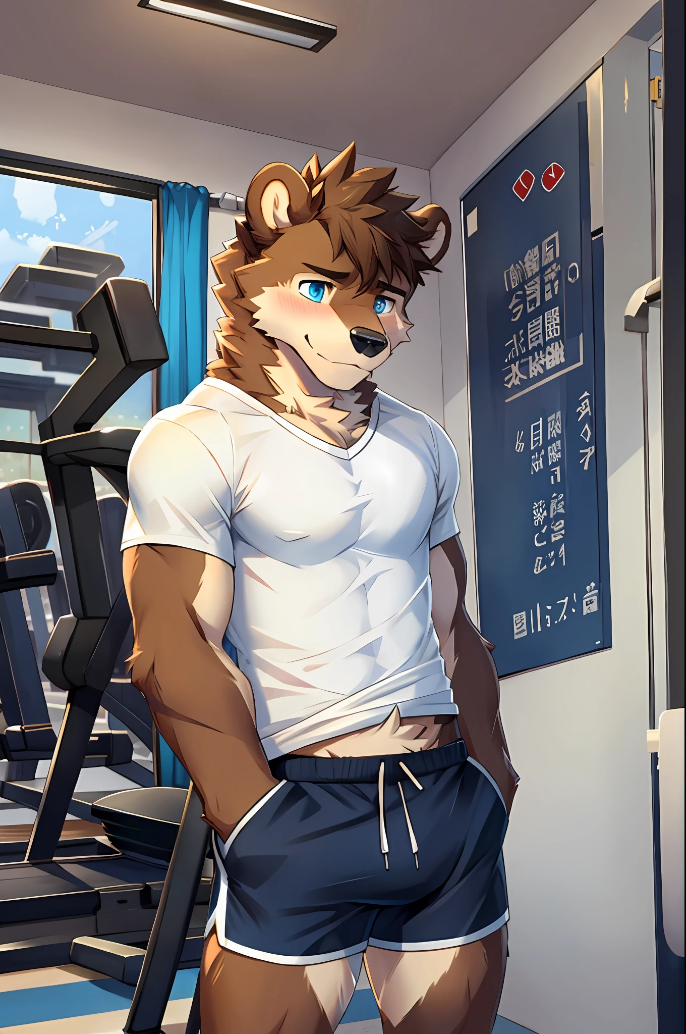1bear, light brown fur, blue eyes, very skinny, white shirt and shorts, shy, blushed, in a gym.