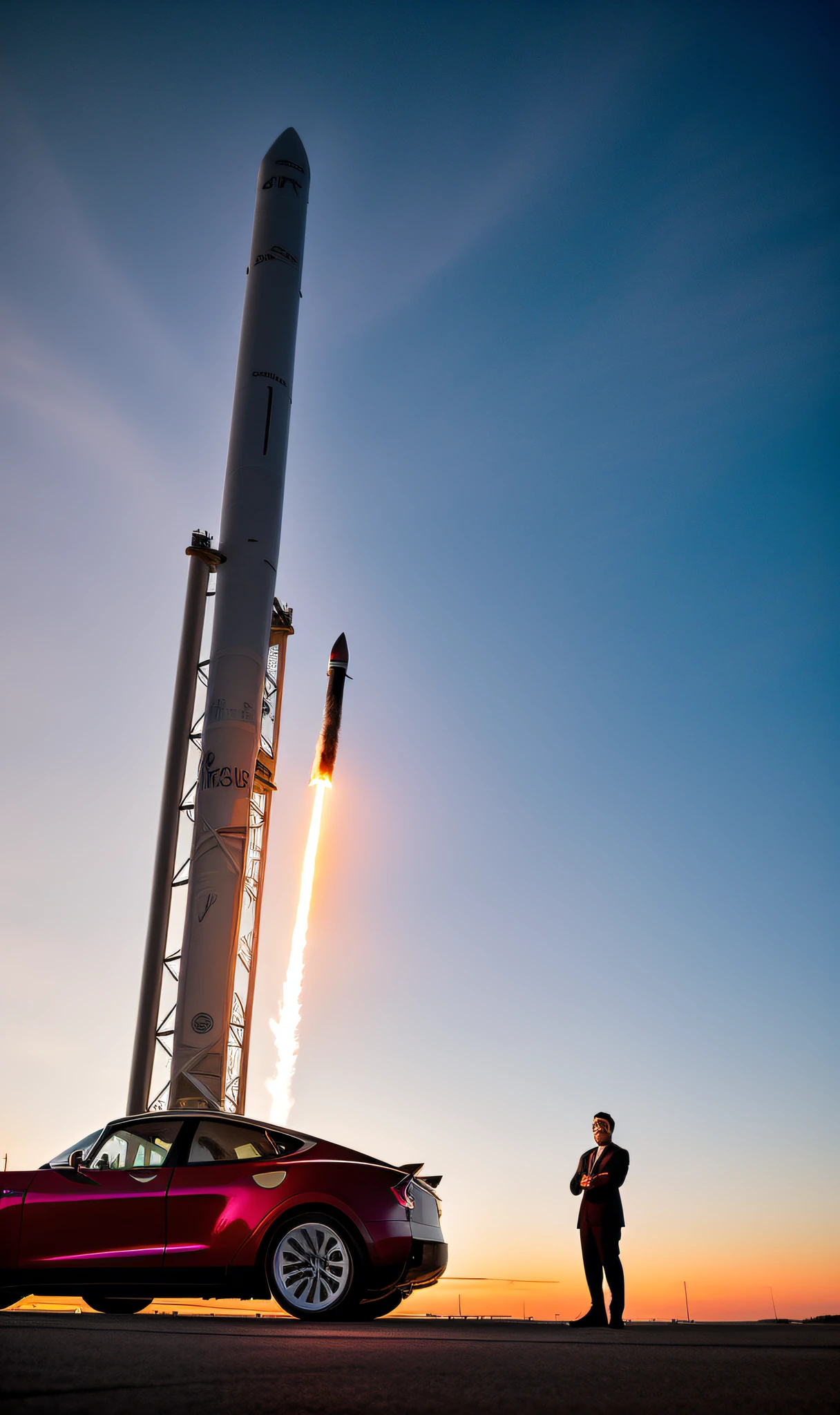 1960s urban-style photo of Elon Musk at SpaceX, wearing a Giorgio Armani outfit, against the sunset, with a rocket taking off and a Tesla car next to it, 4k, focusing on the overall look and combination of aesthetic elements.
