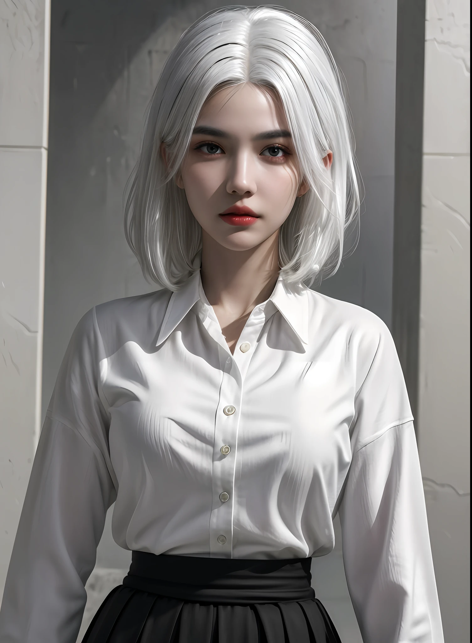 1girl, ((upper body, narrow waist, girl, white hair, black eyes)), (front view, from front), looking at viewer, Best quality, masterpiece, ultra high res, (photorealistic:1.4), 8k, clean, (incredibly absurdres, ultra-detailed,CG ,unity ,8k wallpaper), (detailed face :1.4),(beautiful detailed eyes :1.2),(detailed hair), light on face, cinematic lighting, perfect face, lips, adult, solo, white collared shirt, black skirt,(( wheaten skin, real skin))