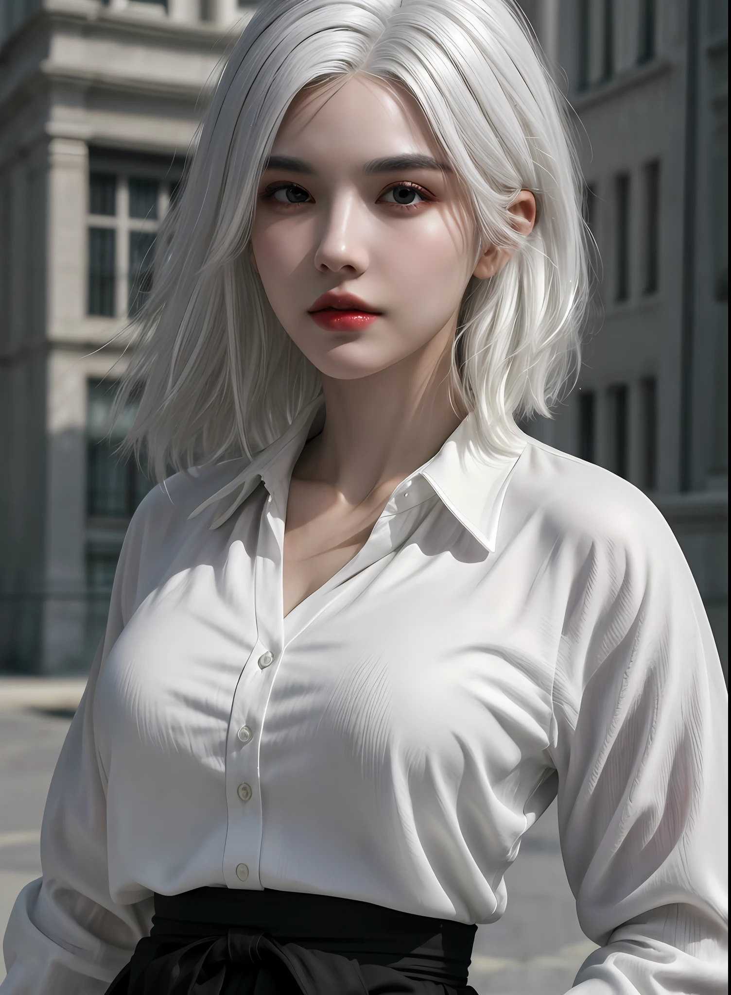 1girl, ((upper body, narrow waist, girl, white hair, black eyes)), (front view, from front), looking at viewer, Best quality, masterpiece, ultra high res, (photorealistic:1.4), 8k, clean, (incredibly absurdres, ultra-detailed,CG ,unity ,8k wallpaper), (detailed face :1.4),(beautiful detailed eyes :1.2),(detailed hair), light on face, cinematic lighting, perfect face, lips, adult, solo, white collared shirt, black skirt,(( wheaten skin, real skin))