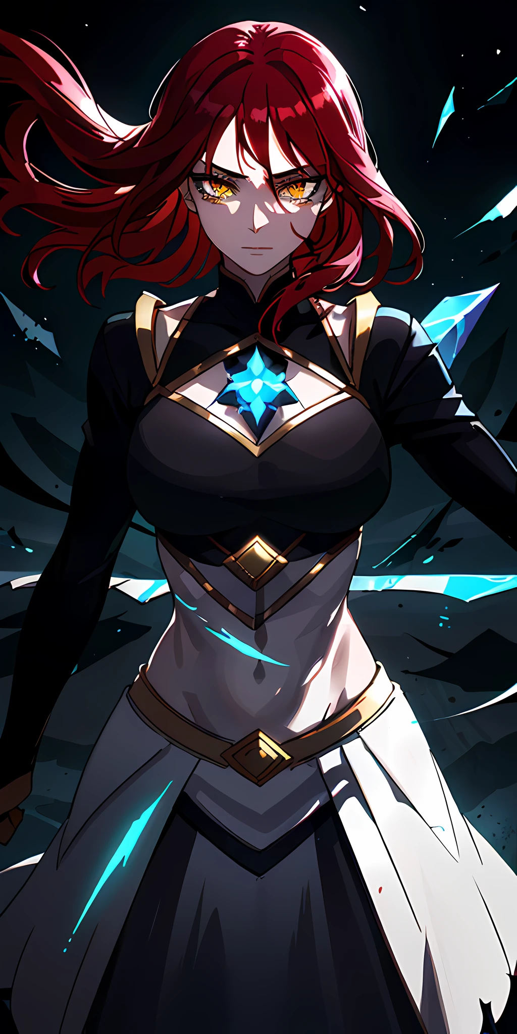 (masterpiece, best quality, ultra-detailed, best shadow), (detailed background,dark fantasy), (beautiful detailed face), high contrast, (best illumination, an extremely delicate and beautiful), ((cinematic light)), colorful, hyper detail, dramatic light, intricate details, (1girl, Red Hair, Lunar Energy, Warrior Woman, Lean, Toned Body, Yellow eyes, Rune on face), blood splatter, swirling black light around the character, depth of field,black light particles,(broken glass),magic circle,