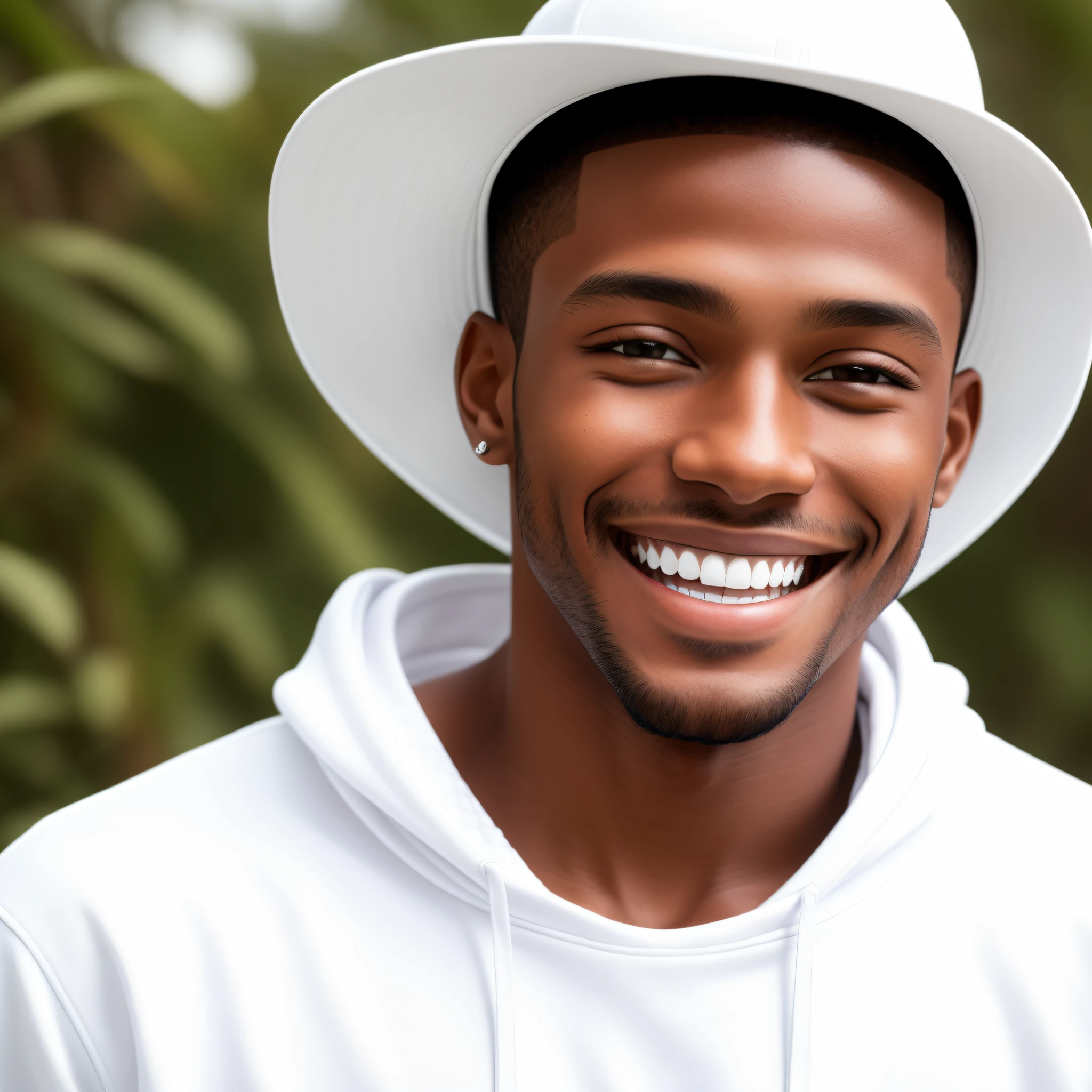 smiling man in a white hat and white shirt with a white hoodie, brown skin man with a giant grin, smiling male, smiling man, beautiful and smiling, attractive man, smiling confidently, attractive male, beautiful male face, beautiful young man, man is with black skin, portrait shot, he is smiling, young man with beautiful face, warm and gentle smile