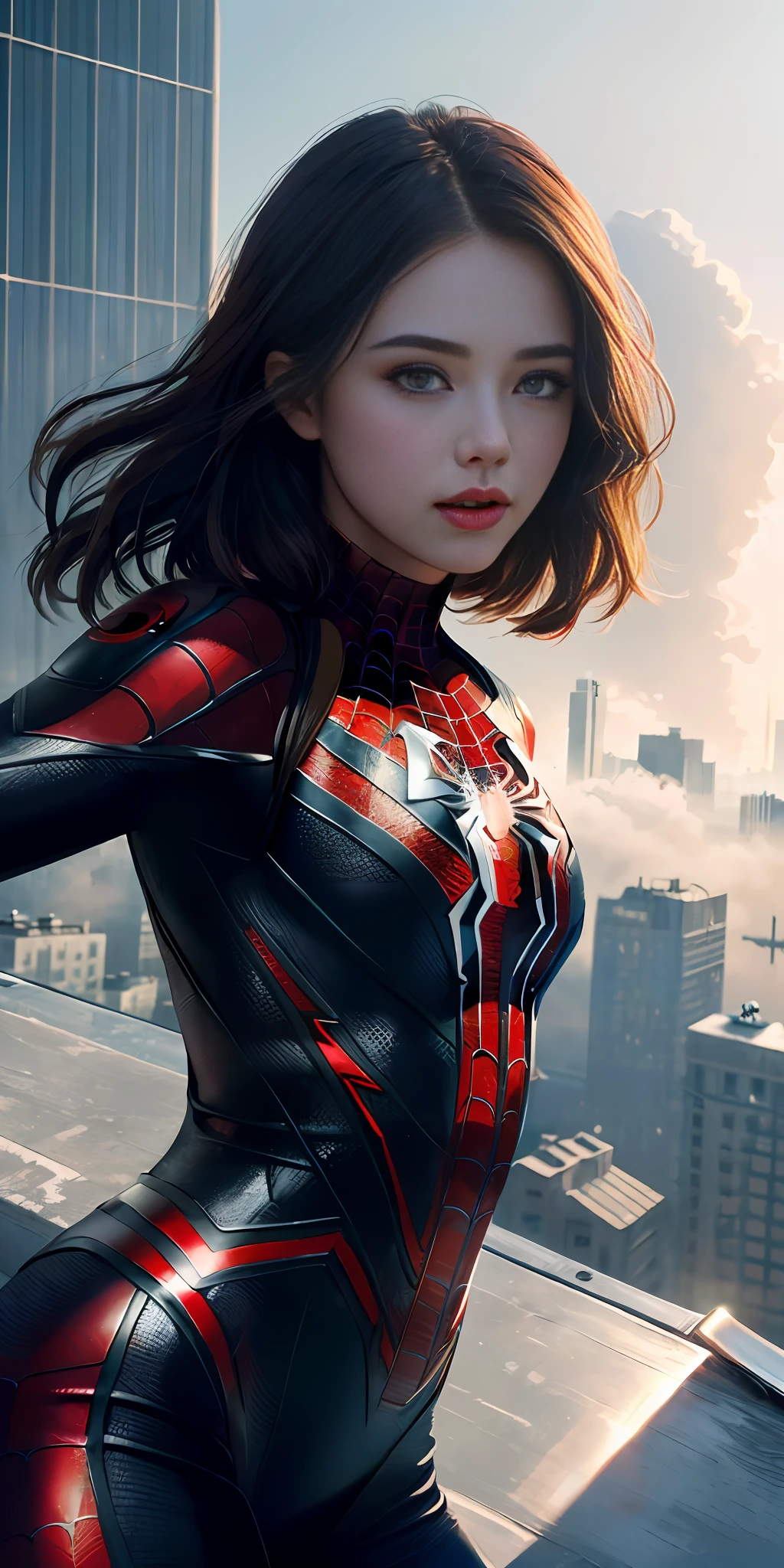 (1girl:1.3), Solo, (((Very detailed face)))), ((Very detailed eyes and face)))), Beautiful detail eyes, Body parts__, Official art, Unified 8k wallpaper, Super detailed, beautiful and beautiful, beautiful, masterpiece, best quality, original, masterpiece, super fine photo, best quality, super high resolution, realistic realism, sunlight, full body portrait, amazing beauty, dynamic pose, delicate face, vibrant eyes, (from the front), She wears Spider-Man suit, red and black color scheme, spider, very detailed city roof background, rooftop, overlooking the city, detailed face, detailed complex busy background, messy, gorgeous, milky white, highly detailed skin, realistic skin details, visible pores, clear focus, volumetric fog, 8k uhd, DSLR, high quality, film grain, fair skin, photo realism, lomography, futuristic dystopian megalopolis, translucent