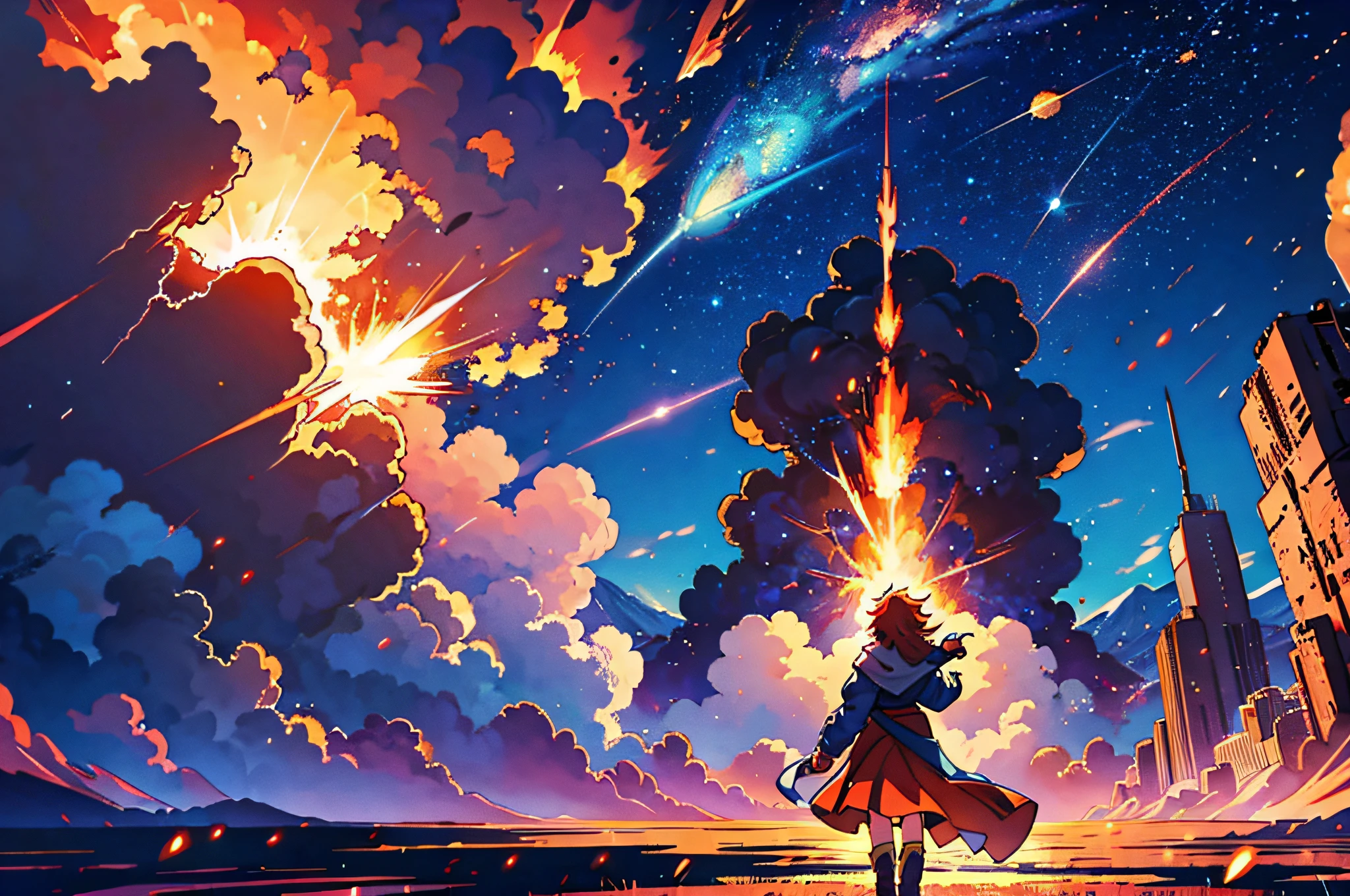 (best-quality:0.8),
(best-quality:0.8), perfect anime illustration, beautiful landscape flaming meteor destruction, shattered