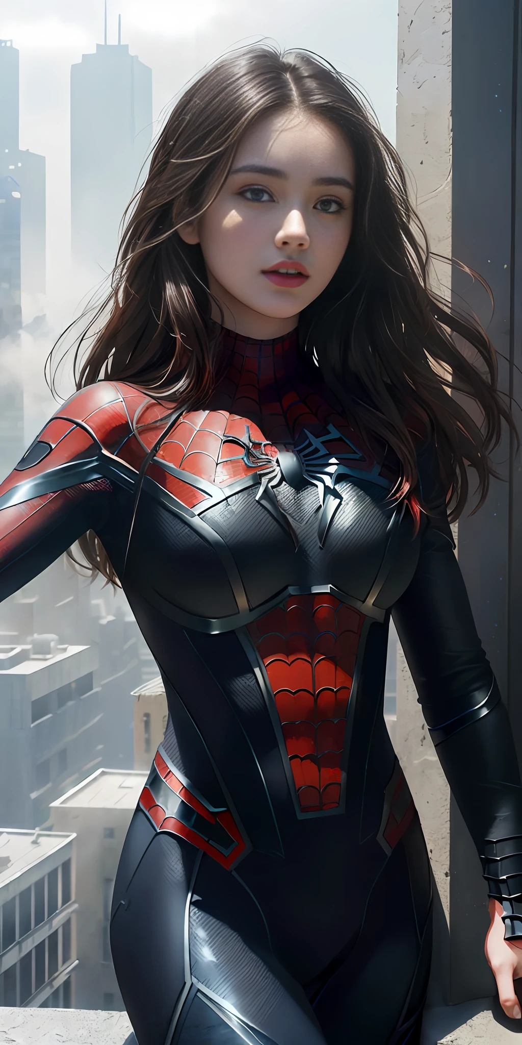 (1girl:1.3), Solo, (((Very detailed face)))), ((Very detailed eyes and face)))), Beautiful detail eyes, Body parts__, Official art, Unified 8k wallpaper, Super detailed, beautiful and beautiful, beautiful, masterpiece, best quality, original, masterpiece, super fine photo, best quality, super high resolution, realistic realism, sunlight, full body portrait, amazing beauty, dynamic pose, delicate face, vibrant eyes, (from the front), She wears Spider-Man suit, red and black color scheme, spider, very detailed city roof background, rooftop, overlooking the city, detailed face, detailed complex busy background, messy, gorgeous, milky white, highly detailed skin, realistic skin details, visible pores, clear focus, volumetric fog, 8k uhd, DSLR, high quality, film grain, fair skin, photo realism, lomography, futuristic dystopian megalopolis, translucent