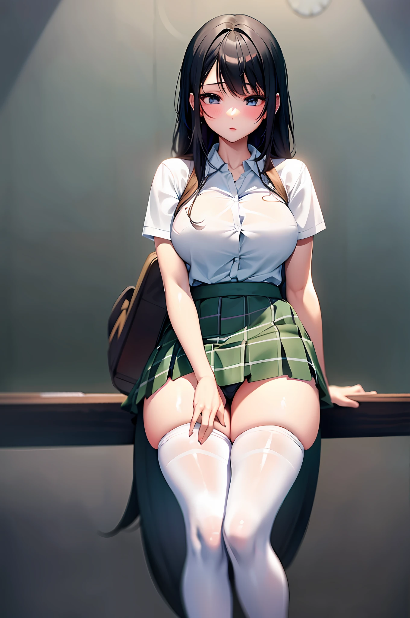 High school girl in white top and green plaid skirt, long black hair, tight eyes, long eyelashes, beautiful and quite large breasts, white pants exposed through skirt, naughty anime style, beautiful anime high school girl, surreal high school girl, surreal high school girl, seductive anime girl, realistic high school girl, prominent big breasts, naughty anime style, naughty thighs, naughty thighs, smooth anime CG art, surrealistic schoolgirl, surreal schoolgirl, seductive anime girl, realistic schoolgirl, smooth anime cg art, anime girl squat, beautiful anime high school girl, beautiful anime girl squat, beautiful seductive anime , ecchi anime style, realistic anime girl rendering, pantyhose, legs apart, panties