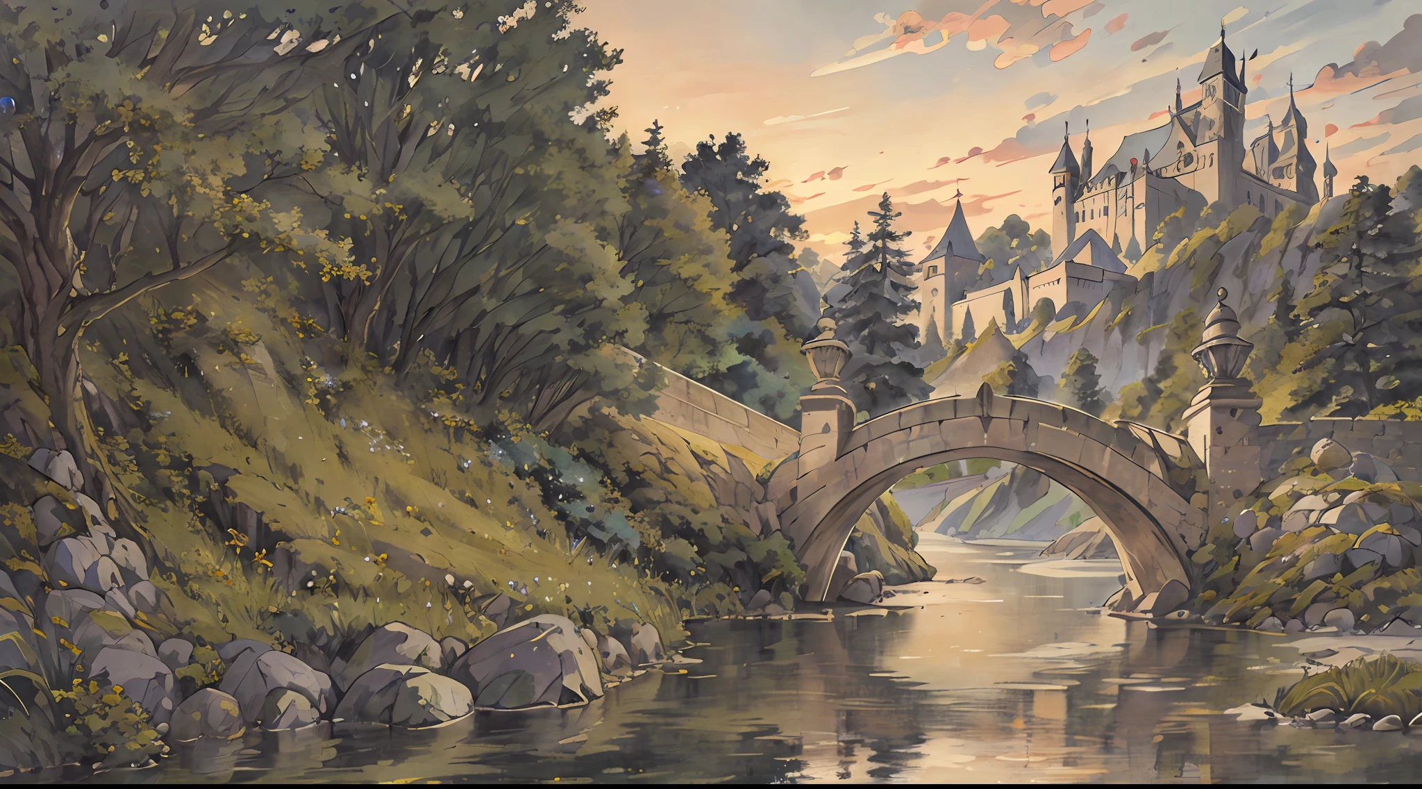 Historical Castle, Renaissance-inspired architecture, reminiscent of European castles, High quality, intricate stonework and grandiose entrances, Moat with a stone bridge leading to the castle's imposing gate, Lush gardens and manicured hedges surrounding the castle walls, Soft sunset lighting, casting a warm glow on the castle's towers and battlements, visual novel background, anime concept art, masterpiece, computer wallpaper, 8k, detailed