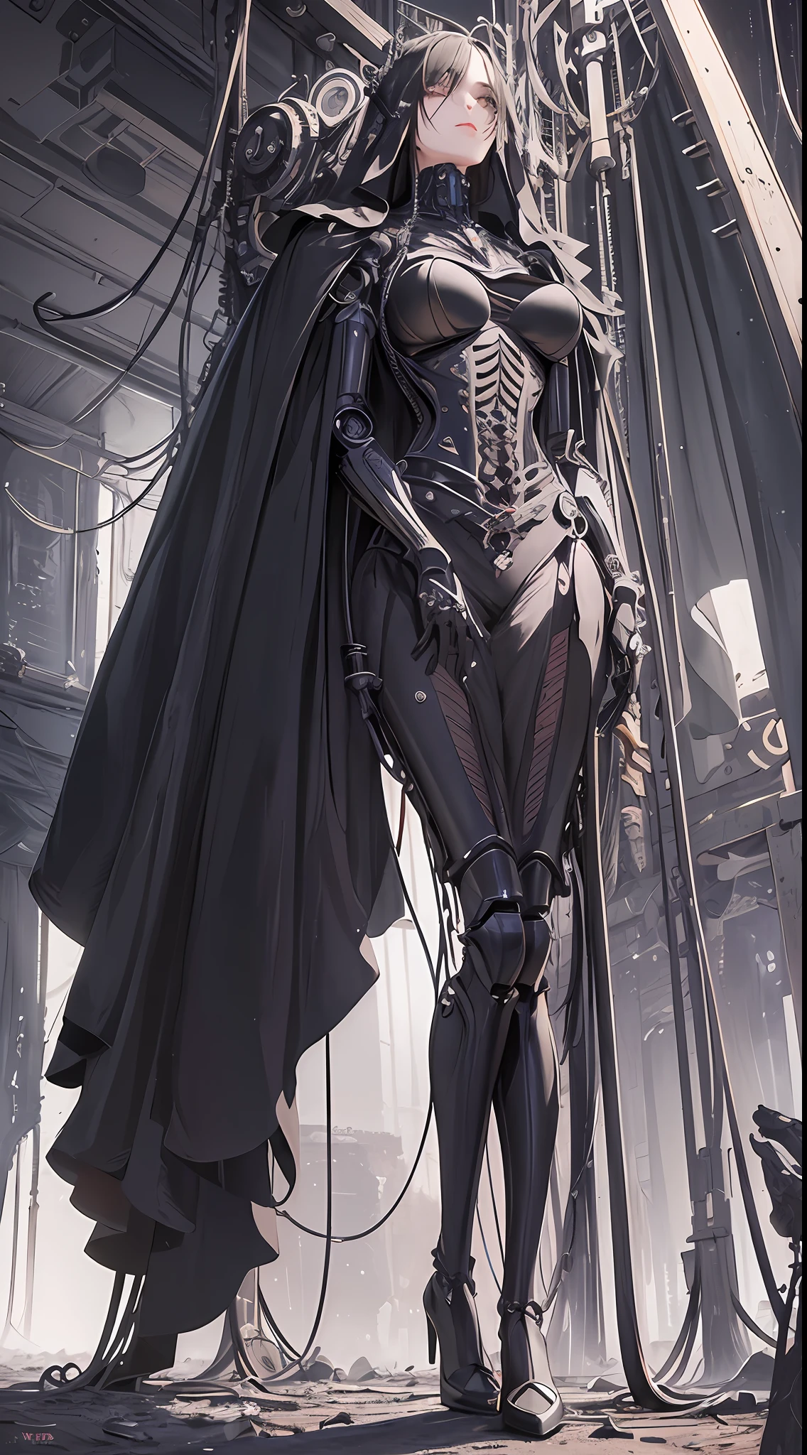 (((masterpiece))), ((best quality)), (ultra-detailed), (CG illustration), (an extremely devious and beautiful)), cinematic light, ((1 mechanical girl death Full body, black wedding dress, black cape over face, long black hair, )), single, (machine-made joints: 1.4), ((mechanical limbs)), ( blood vessels attached to the tube), ((mechanical spine attached to the back)), ((mechanical cervical vertebrae attached to the neck), ((back to the viewer)), expressionless, (wires and cables attached to the head and body: 1.5), science fiction, apocalypse, ruins