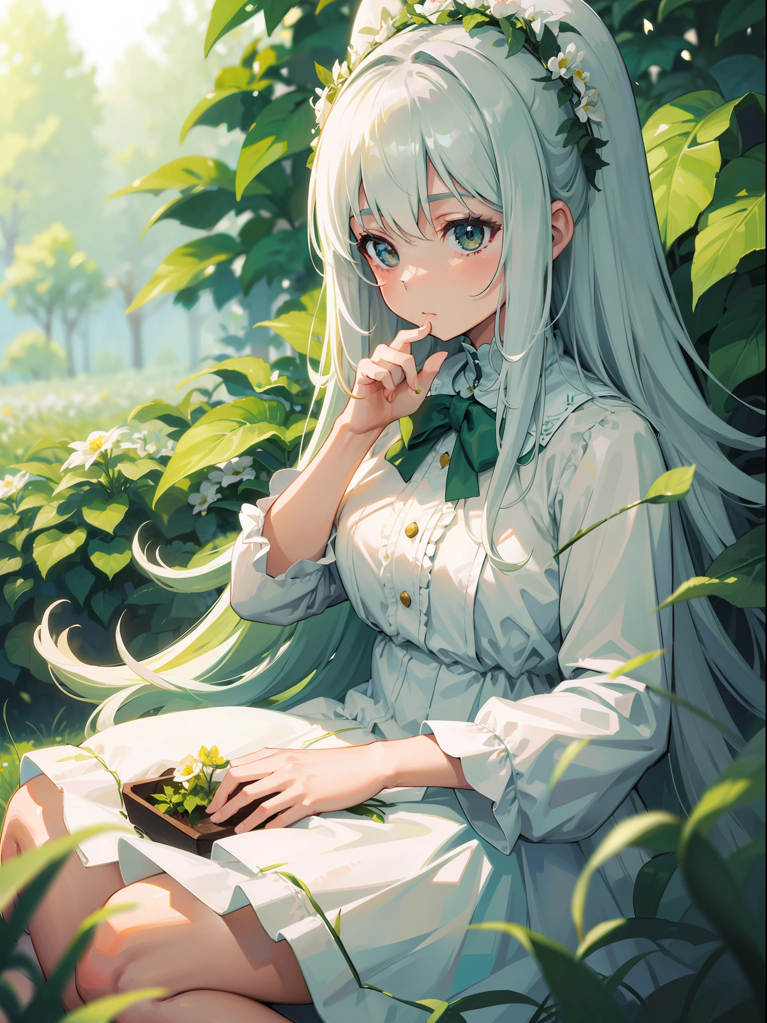 (masterpiece, best quality),1girl with long white hair sitting in a field of green plants and flowers, her hand under her chin, warm lighting, white dress, blurry foreground