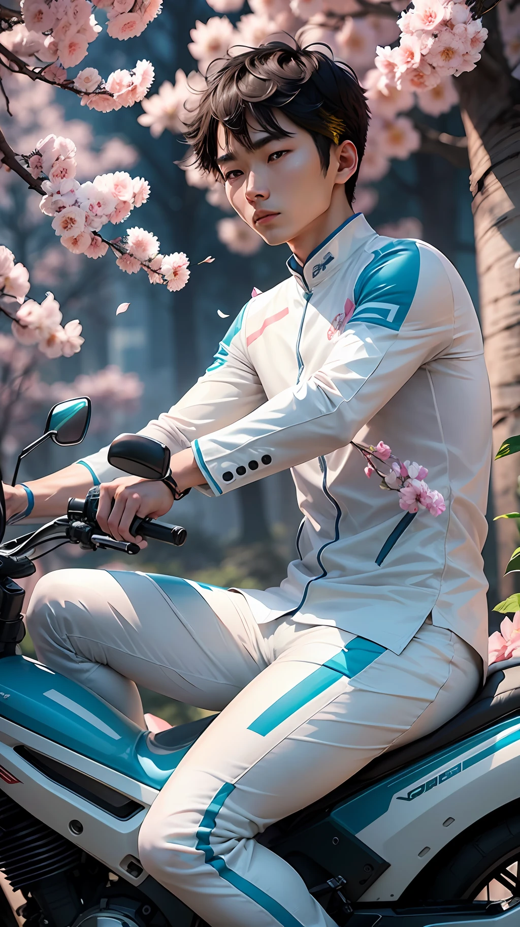 A20 years old Chinese man wearing white suit, helmet, riding a motorcycle full of flowers, surrounded by flowers light blue sky, Kawauchi Rinko, natural posture low angle, youthful vitality, body stretching simulation movie, super detail, fantastic hi-fi photography rich color amount lighting
Kodakhman color lens, Fujifilm XT4 shooting detail, 8k--ar 3:4--s 750 --auto --s2