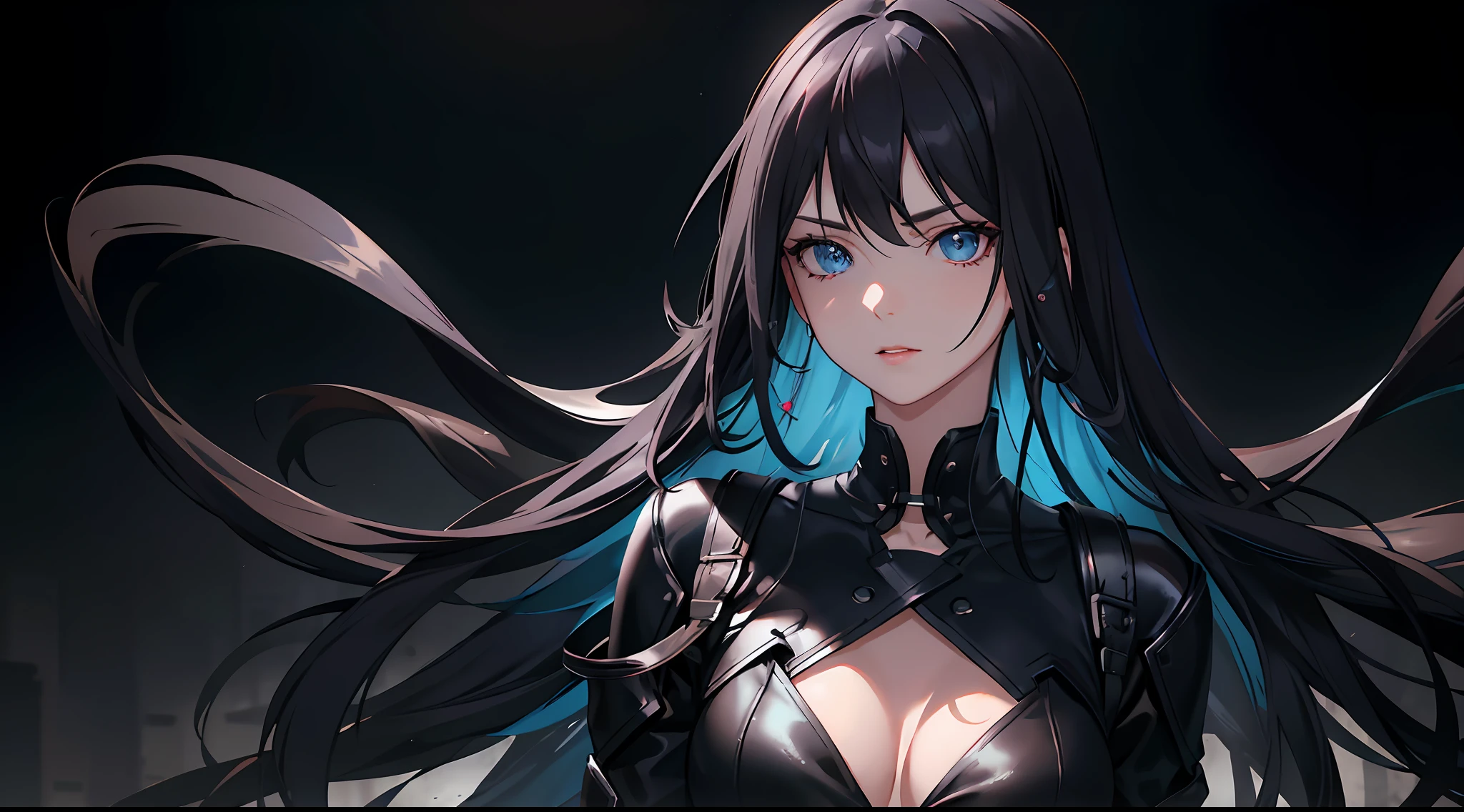 pixiv, 1girl, bangs, dark purple hair half blue, deep and detailed blue eyes, melancholic expression, black leather clothing, serious expression, eyelashes, modern, long hair, slightly wavy hair, neckline, collarbone, black open jacket, lock, medium breasts, shiny skin, badass, seductive, lock, red lips, looking at viewer, closed mouth, cinematic lighting, pale skin, dark background, wavy hair,  {beautiful detailed eyes:1.5}, detailed black clothing, cinematic light, shaded face:1.5, dynamic angle:1.5, extremely detailed, volumetric lighting, delicate girl, cleavege, mature female, {masterpiece:1.5), {ultradetailed:1.5) film camera, chromatic aberration:1.5) (HDR:1.9), (CG:1.5), (specular lighting:1.1) Very dark and detailed background:1.21) expressionless, dark atmosphere, long wavy hair, loose hair, hair ornament,  dynamic angle, dynamic pose, dramatic shadow, cinematic shadow, hard shadows:1.21), {traditional media:1.5), expressionless, mature female, mysterious look, sharp eyes, modern landscape, modern, focus on torso, focus on face, dynamic pose, pants