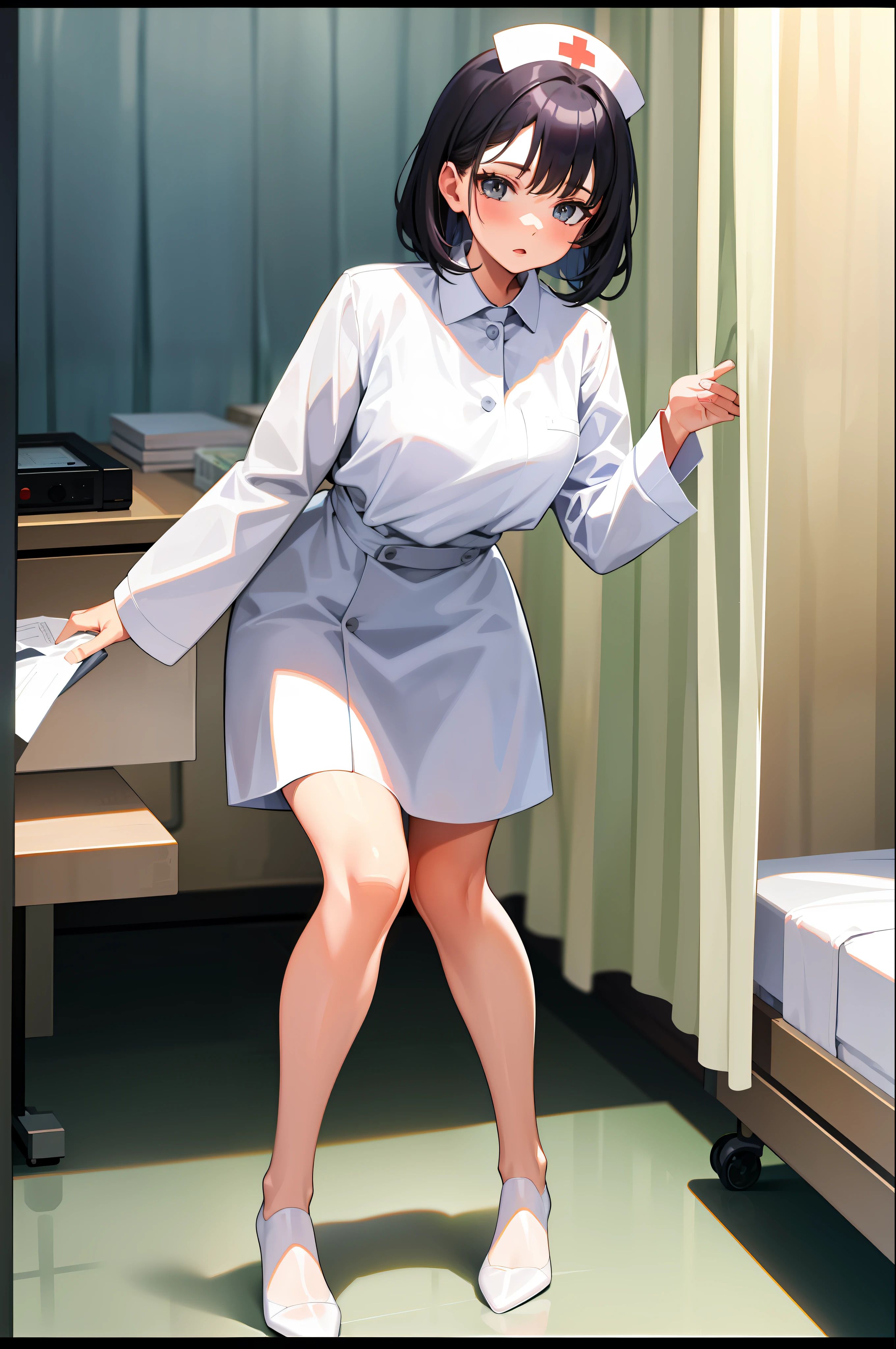 infirmary, curtains, 1girl, nurse, white dress,, masterpiece, best quality, highly detailed