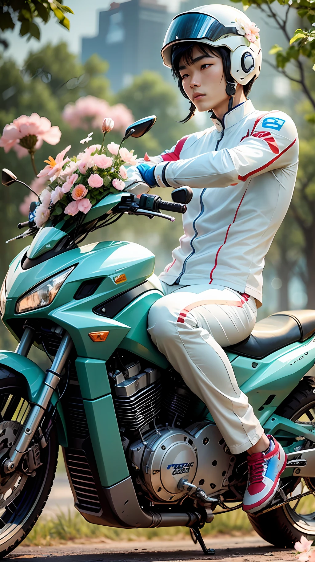 A20 years old Chinese man wearing white suit, helmet, riding a motorcycle full of flowers, surrounded by flowers light blue sky, Kawauchi Rinko, natural posture low angle, youthful vitality, body stretching simulation movie, super detail, fantastic hi-fi photography rich color amount lighting
Kodakhman color lens, Fujifilm XT4 shooting detail, 8k--ar 3:4--s 750 --auto --s2