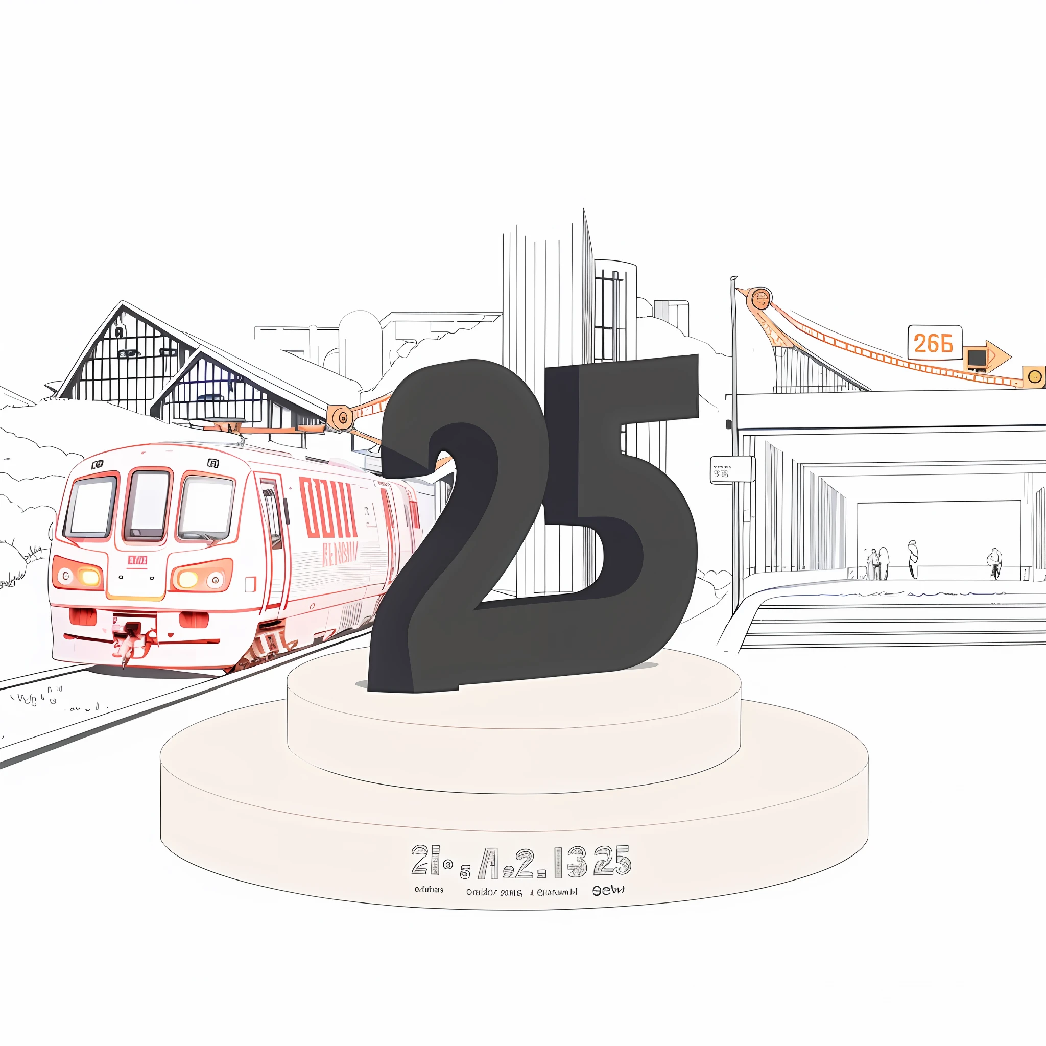 There is a diagram of a train going up the tracks, 2. 5 D illustration, 2 5 years old, 25 years old, 2 5 years old, 2 5 years old music video, 2 5 6 x 2 5 6, 256x256, 2.35:1 scale, architectural illustration, 2025, train station background, Ghibli colors, 8k