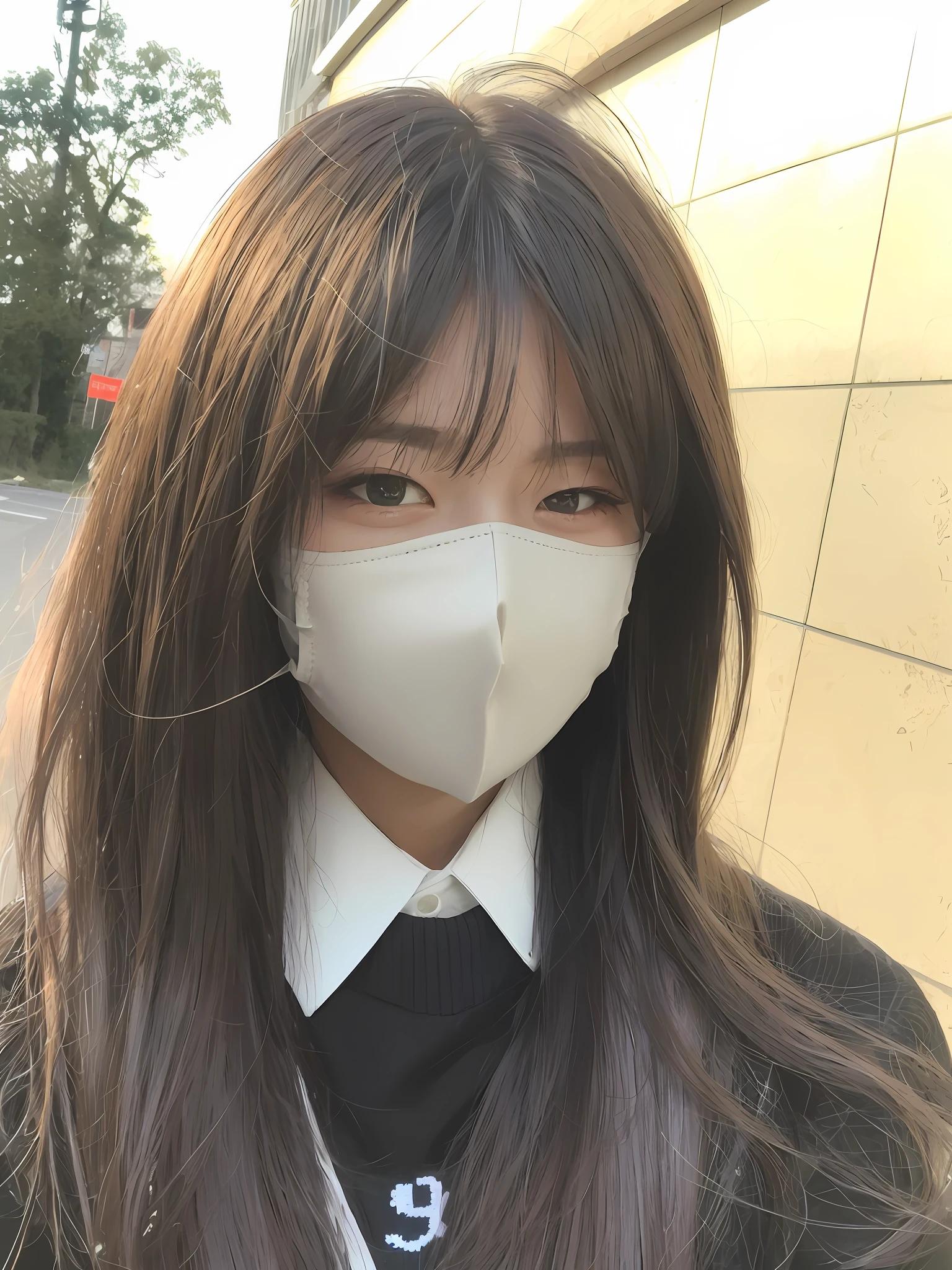 arafed woman wearing a mask and a tie standing in front of a building, surgical mask covering mouth, no face mask, wearing mask, one single mask, medical mask, white mask, wearing facemask, sakimichan, mask, wearing all black mempo mask, wearing a mask, ulzzang, full mask, wearing wooden mask, high quality face
