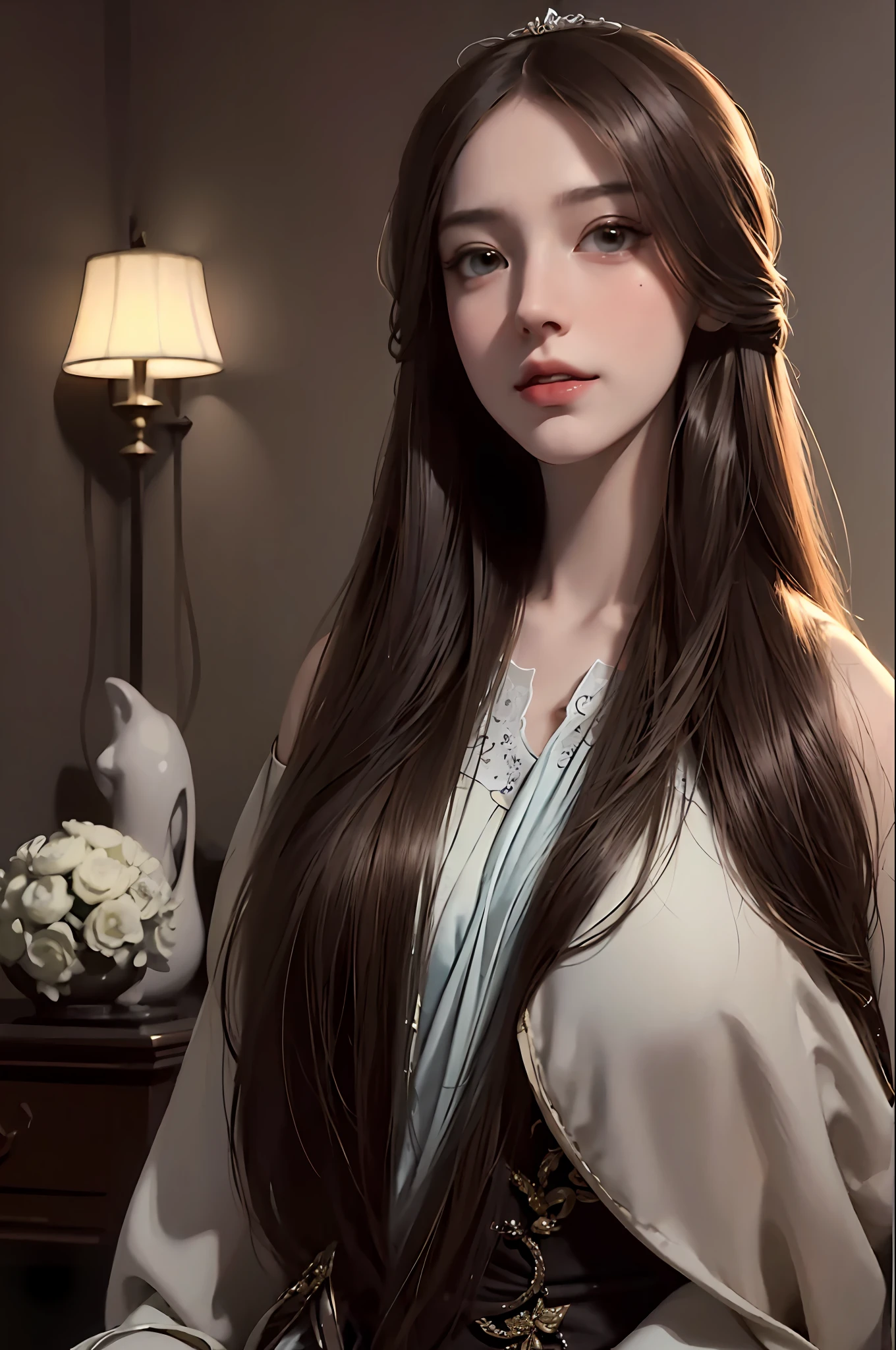 (artstation), (deviantart), (masterpiece), (artwork), (dark soft lighting), (simple, muted colors), (neutral color palettes), (best artist), (best desinger), (extremely detailed eyes), (soft and delicate face), (Greg Rutkowski), (Sandro Botticelli), (Stanley Artgerm Lau), (Ross Tran), (extremely detailed 8k CG unit wallpaper), (cinematic scenery), a girl with a pretty face, with long light brown hair, wearing princess clothes with lace, in a place in the living room, her eyes focused on a place far away from the viewer, background with magical colors of the universe, playing with light and shadow of sunlight, in a unique feeling of conveying emotion the impeccable quality of the image and the artistic design of the development.