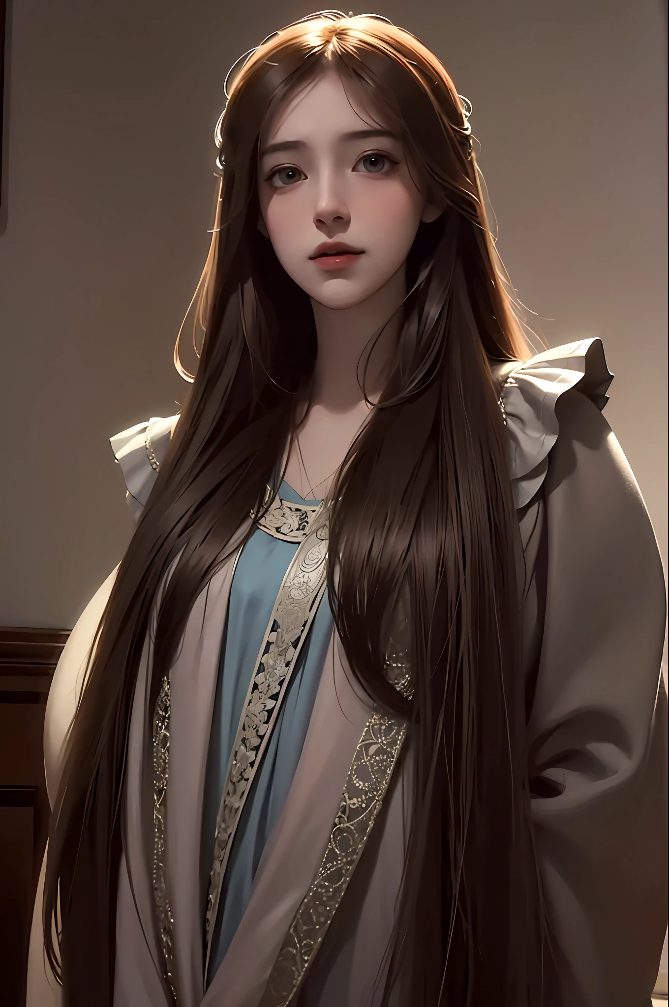 (artstation), (deviantart), (masterpiece), (artwork), (dark soft lighting), (simple, muted colors), (neutral color palettes), (best artist), (best desinger), (extremely detailed eyes), (soft and delicate face), (Greg Rutkowski), (Sandro Botticelli), (Stanley Artgerm Lau), (Ross Tran), (extremely detailed 8k CG unit wallpaper), (cinematic scenery), a girl with a pretty face, with long light brown hair, wearing princess clothes with lace, in a place in the living room, her eyes focused on a place far away from the viewer, background with magical colors of the universe, playing with light and shadow of sunlight, in a unique feeling of conveying emotion the impeccable quality of the image and the artistic design of the development.