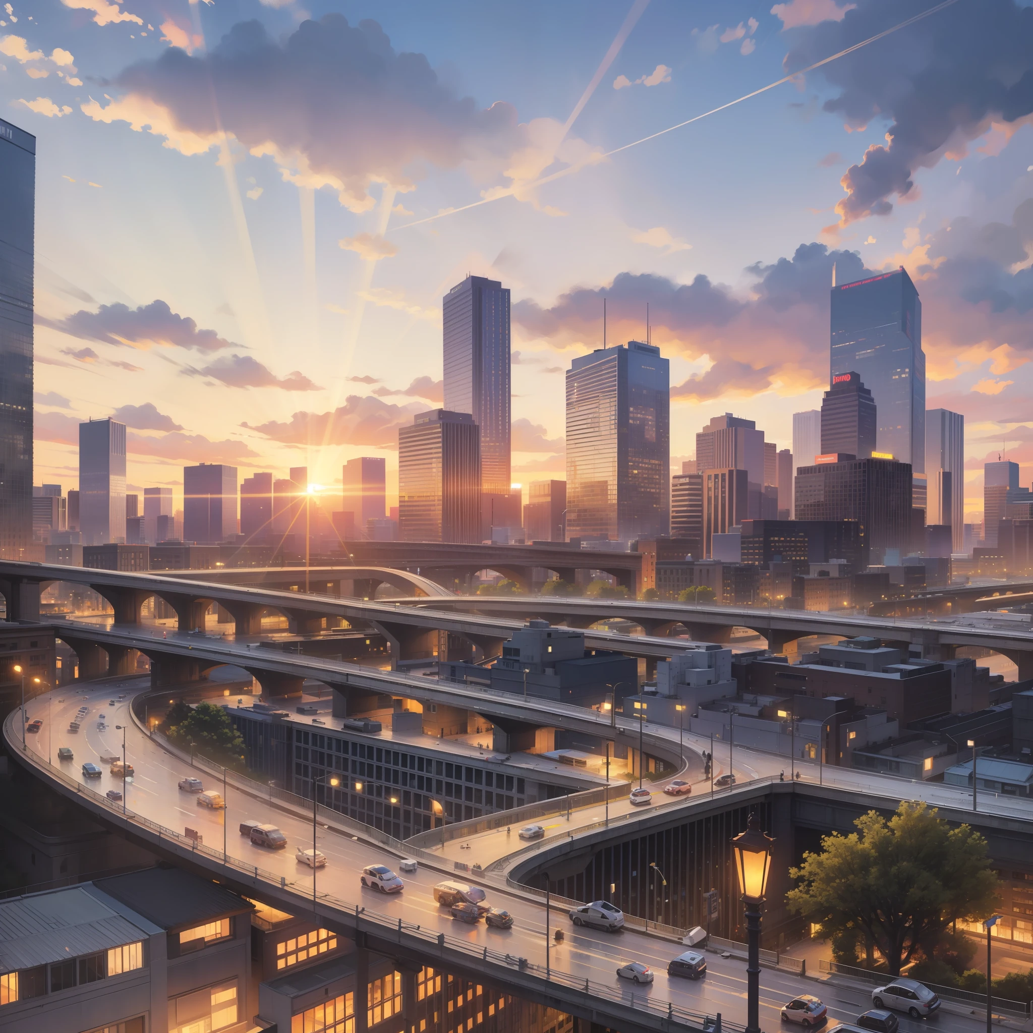 Extremely detailed scene, Downtown Minneapolis, city , sun rays, summertime, somewhat cloudy, day time,detailed cinematic, semi realistic photographic style, art by artgerm, vapodusk1, phtdzk1, BgAniDusk