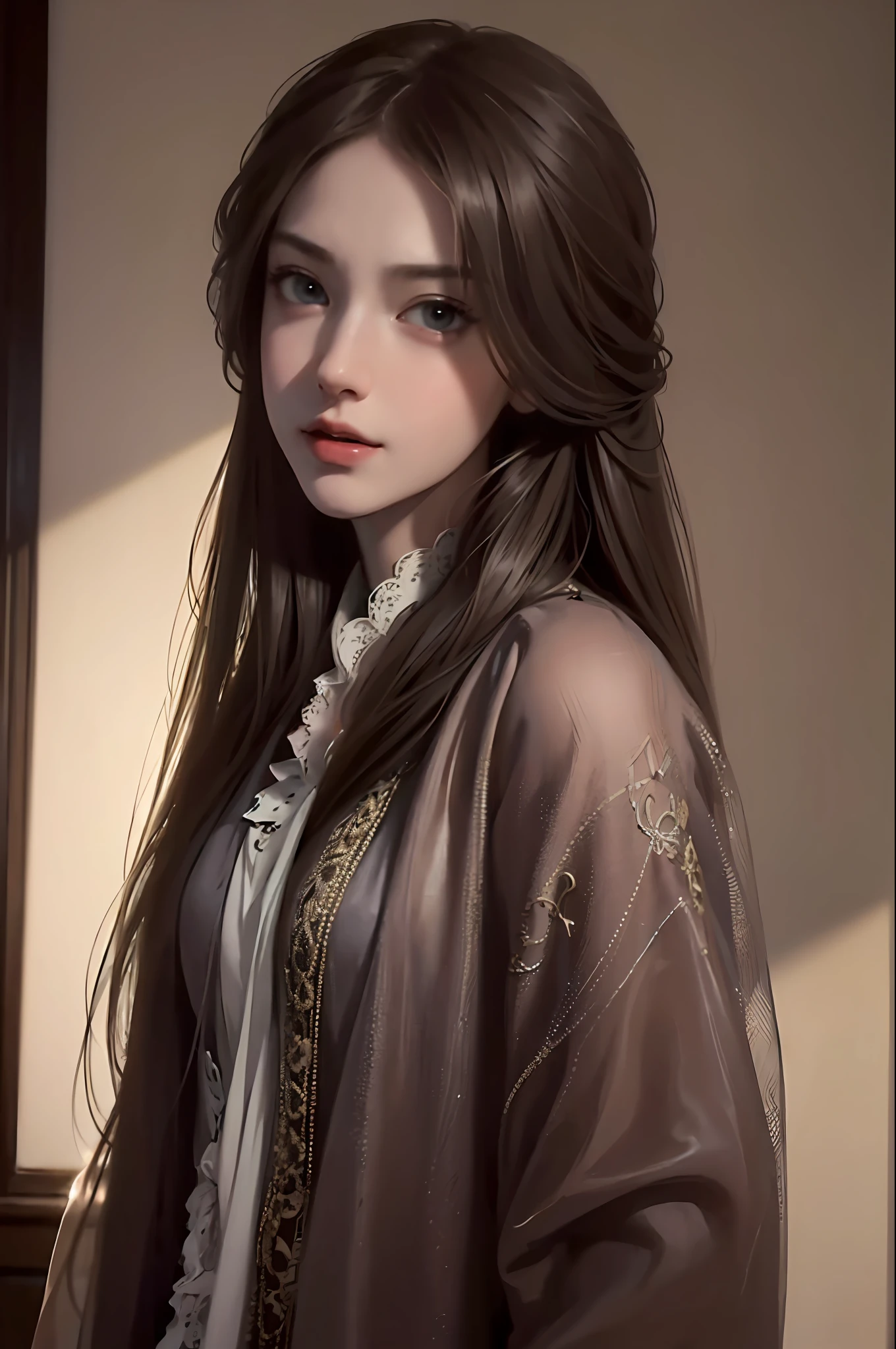 (artstation), (deviantart), (masterpiece), (artwork), (dark soft lighting), (simple, muted colors), (neutral color palettes), (best artist), (best desinger), (extremely detailed eyes), (soft and delicate face), (Greg Rutkowski), (Sandro Botticelli), (Stanley Artgerm Lau), (Ross Tran), (extremely detailed 8k CG unit wallpaper), (cinematic scenery), a girl with a pretty face, with long light brown hair, wearing princess clothes with lace, in a place in the living room, her eyes focused on a place far away from the viewer, background with magical colors of the universe, playing with light and shadow of sunlight, in a unique feeling of conveying emotion the impeccable quality of the image and the artistic design of the development.