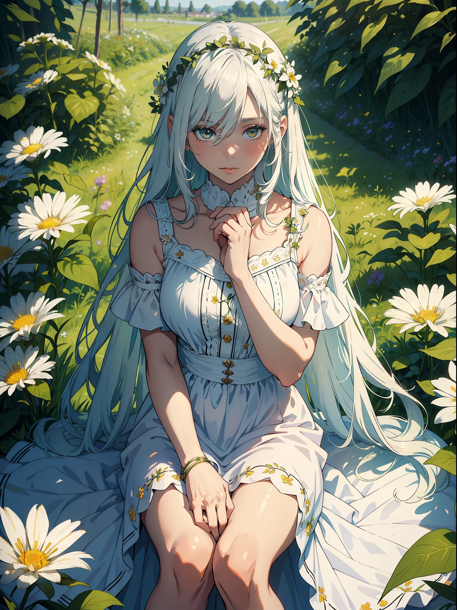 (masterpiece, best quality),1girl with long white hair sitting in a field of green plants and flowers, her hand under her chin, warm lighting, white dress, blurry foreground